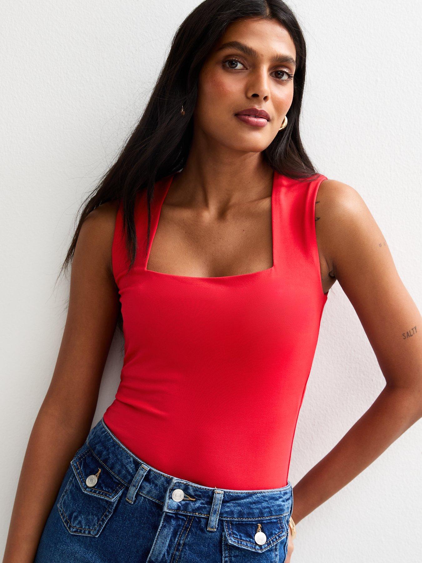 undefined Square Neck Bodysuit - Red