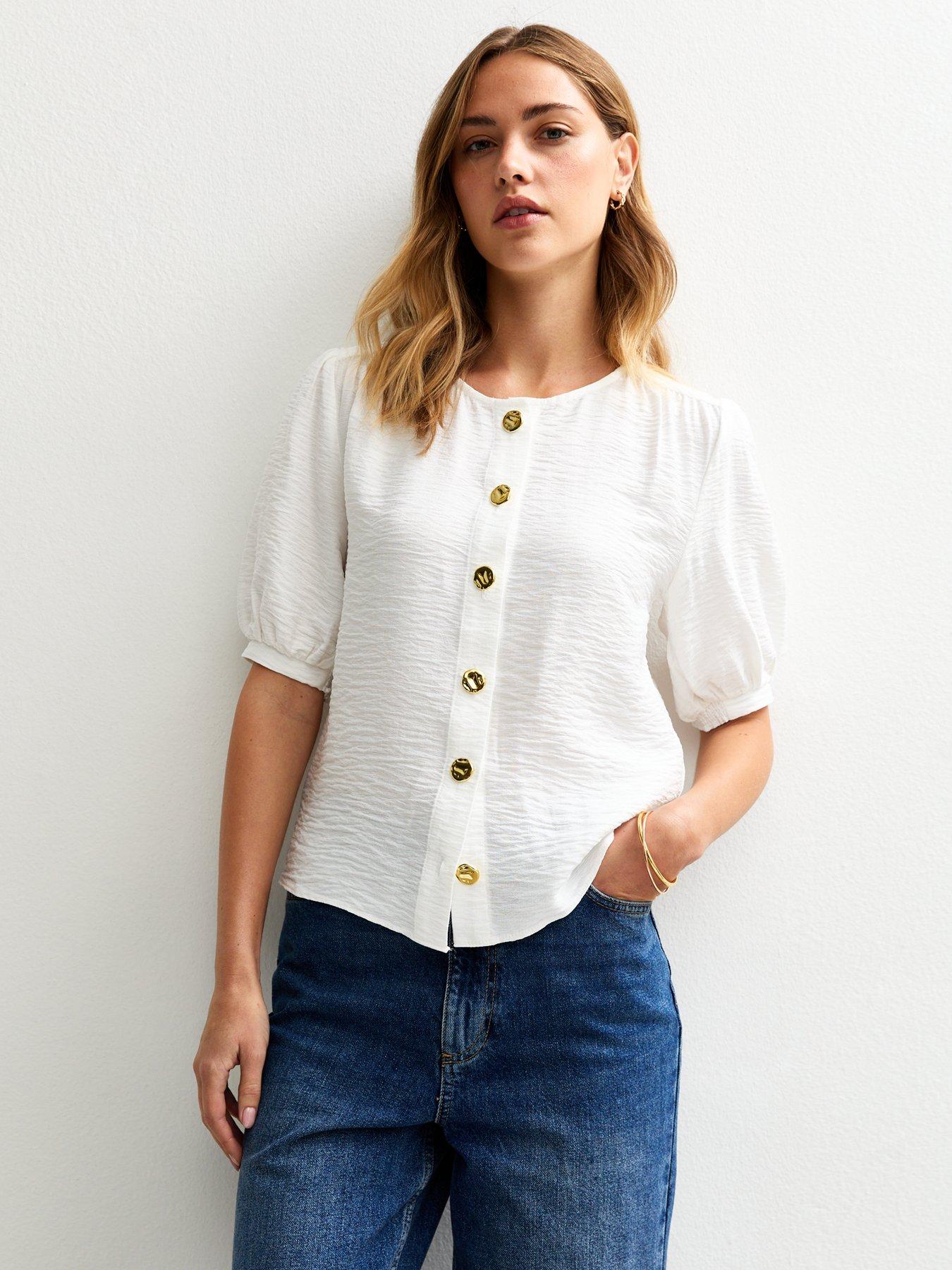 undefined White Crew Neck Button Through Top