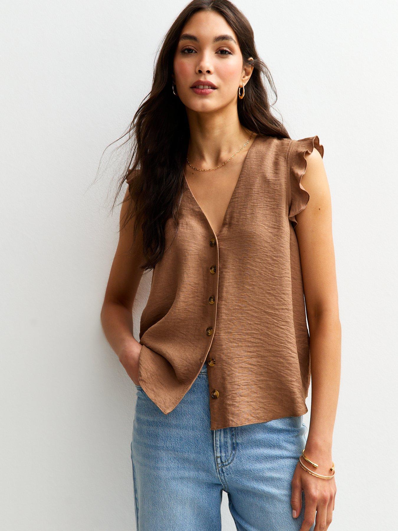 New Look Brown Ruffle Trim Button Up Top | Very