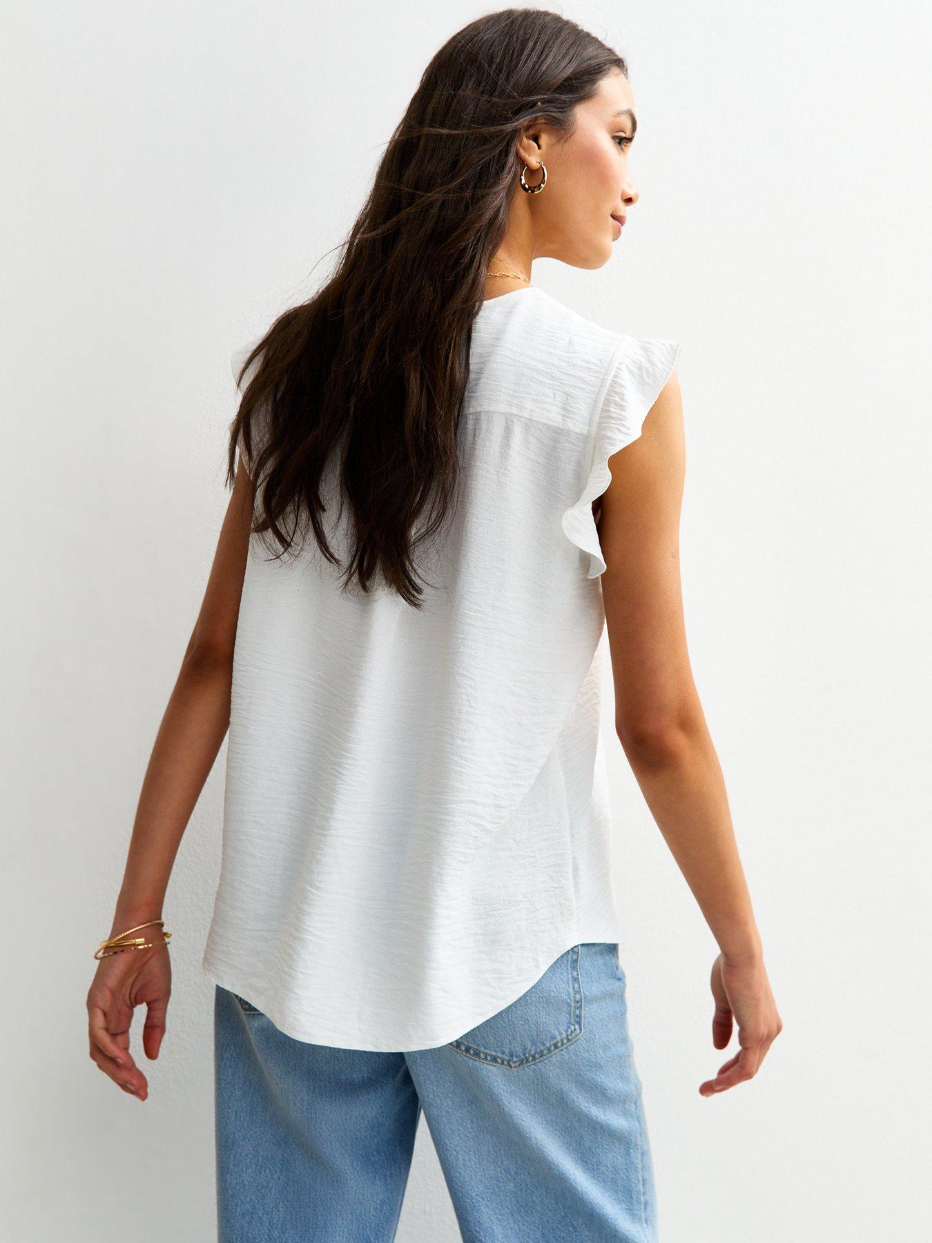 Image 2 of 4 of New Look White Ruffle Trim Button Up Top