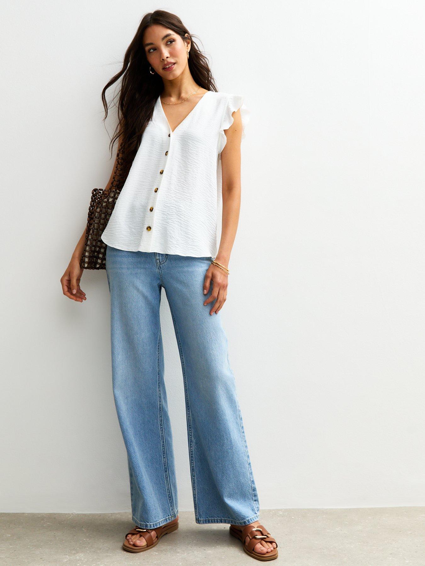 Image 3 of 4 of New Look White Ruffle Trim Button Up Top