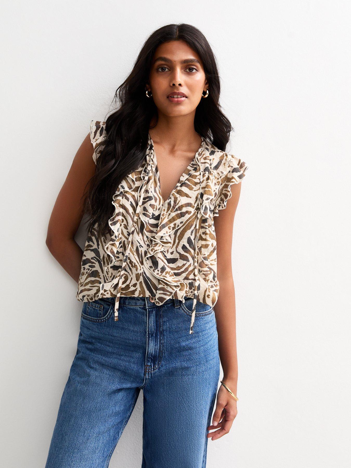 New Look Brown Zebra Print Ruffle Trim Sleeveless Blouse