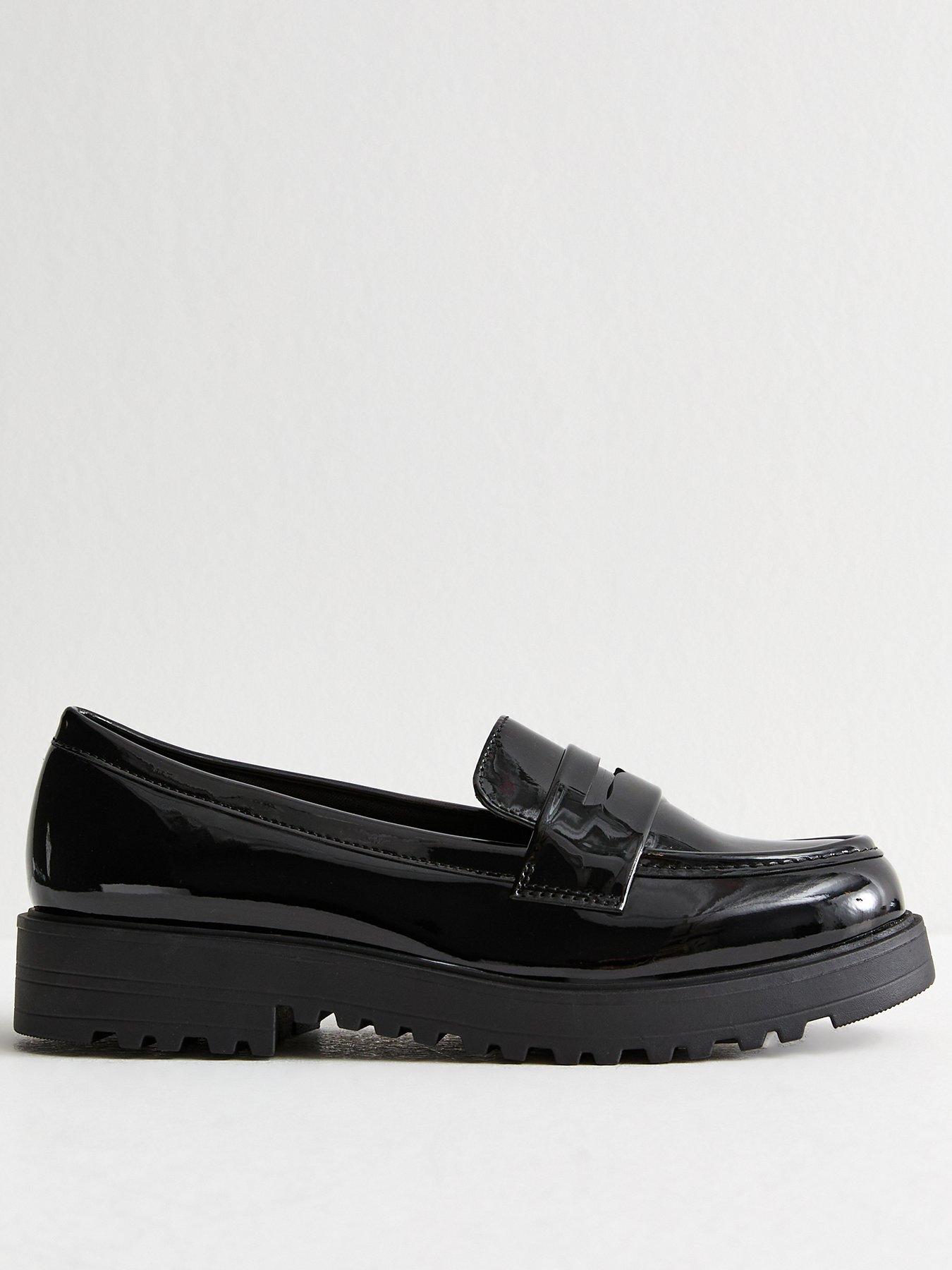 New Look Wide Fit Black Patent Faux Leather Chunky Penny School Shoe Loafers
