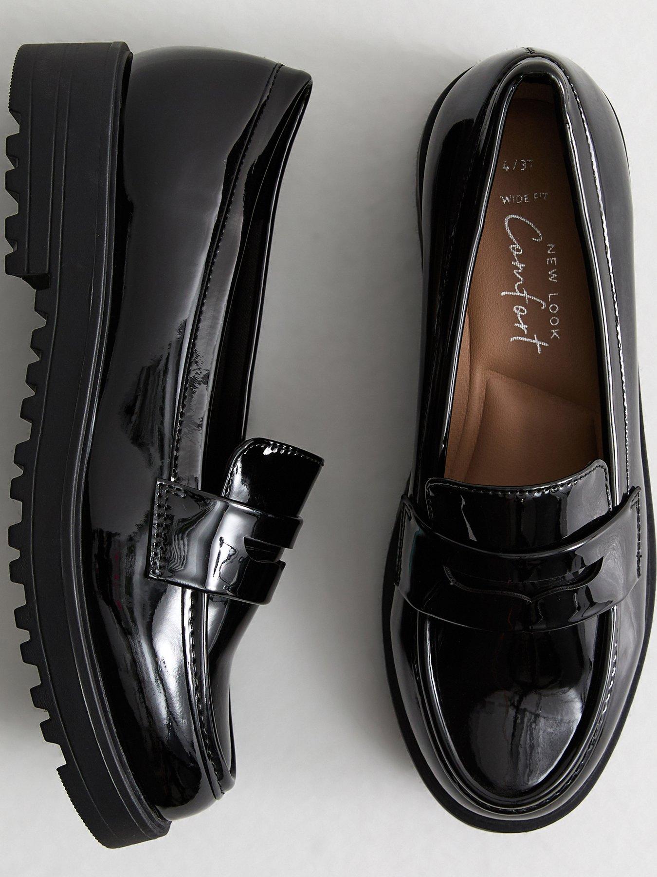 Image 4 of 5 of New Look Wide Fit Black Patent Faux Leather Chunky Penny School Shoe&nbsp;Loafers
