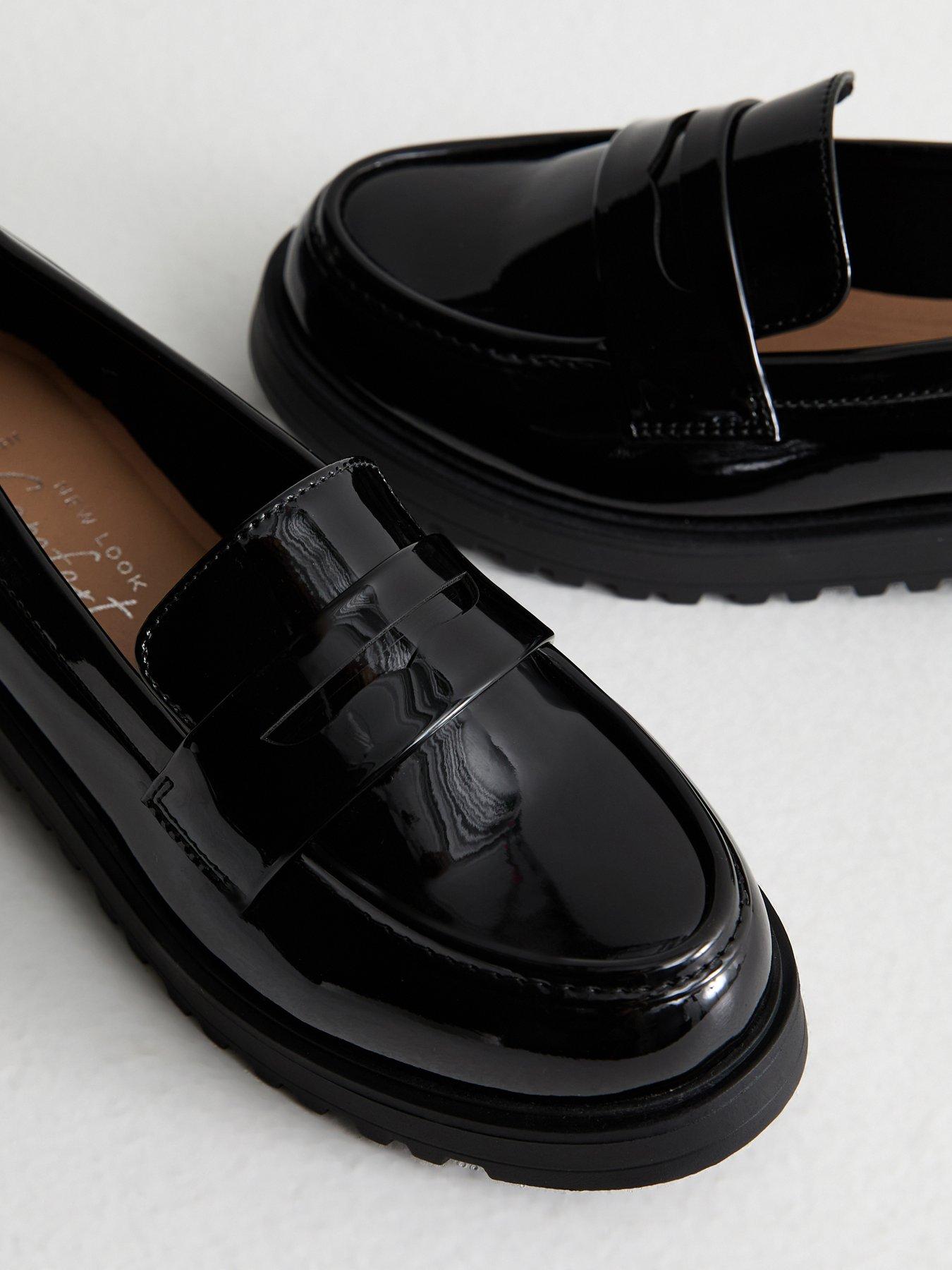 New Look Wide Fit Black Patent Faux Leather Chunky Penny Loafers