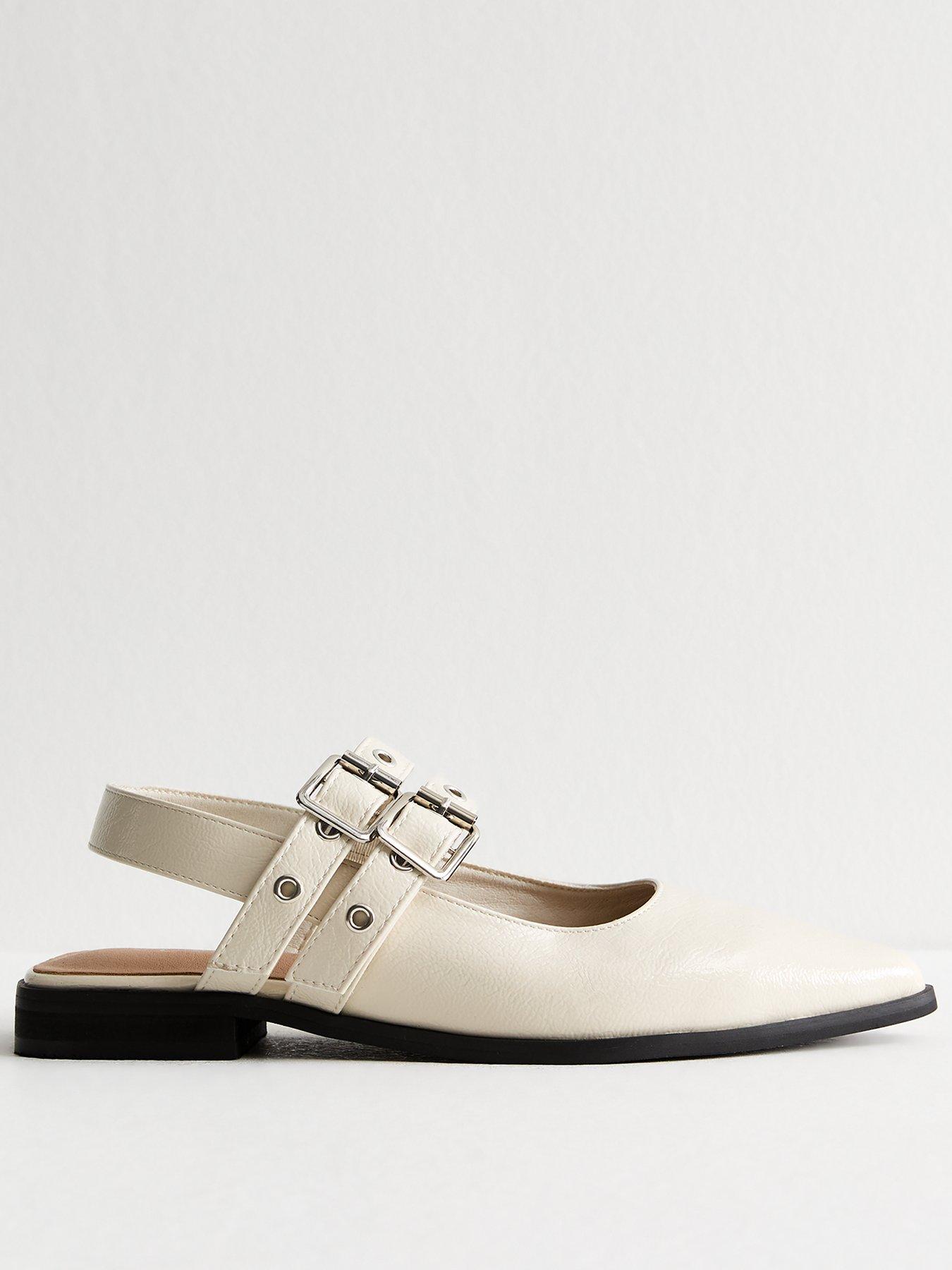 New Look: Faux Leather Eyelet Strap Mary Jane Flats - Off White
