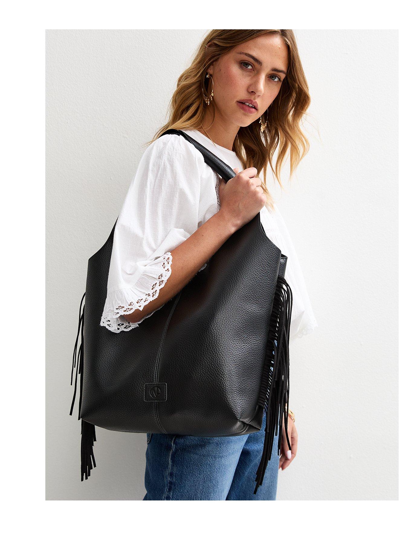 undefined Black Faux Leather Fringed Tote Bag