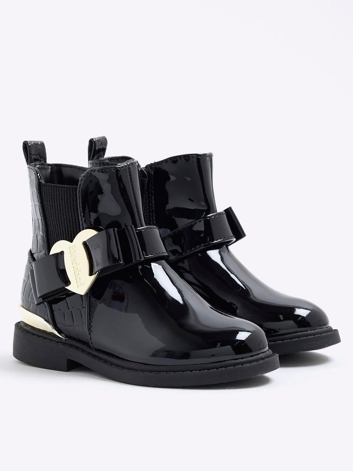 Image 1 of 4 of River Island Mini Girls Heart Bow Chelsea Boots - Black