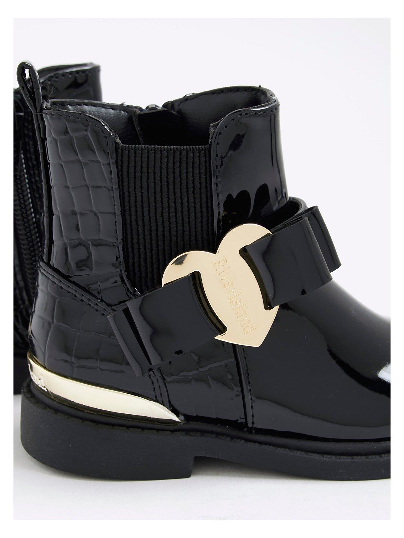 Image 3 of 4 of River Island Mini Girls Heart Bow Chelsea Boots - Black