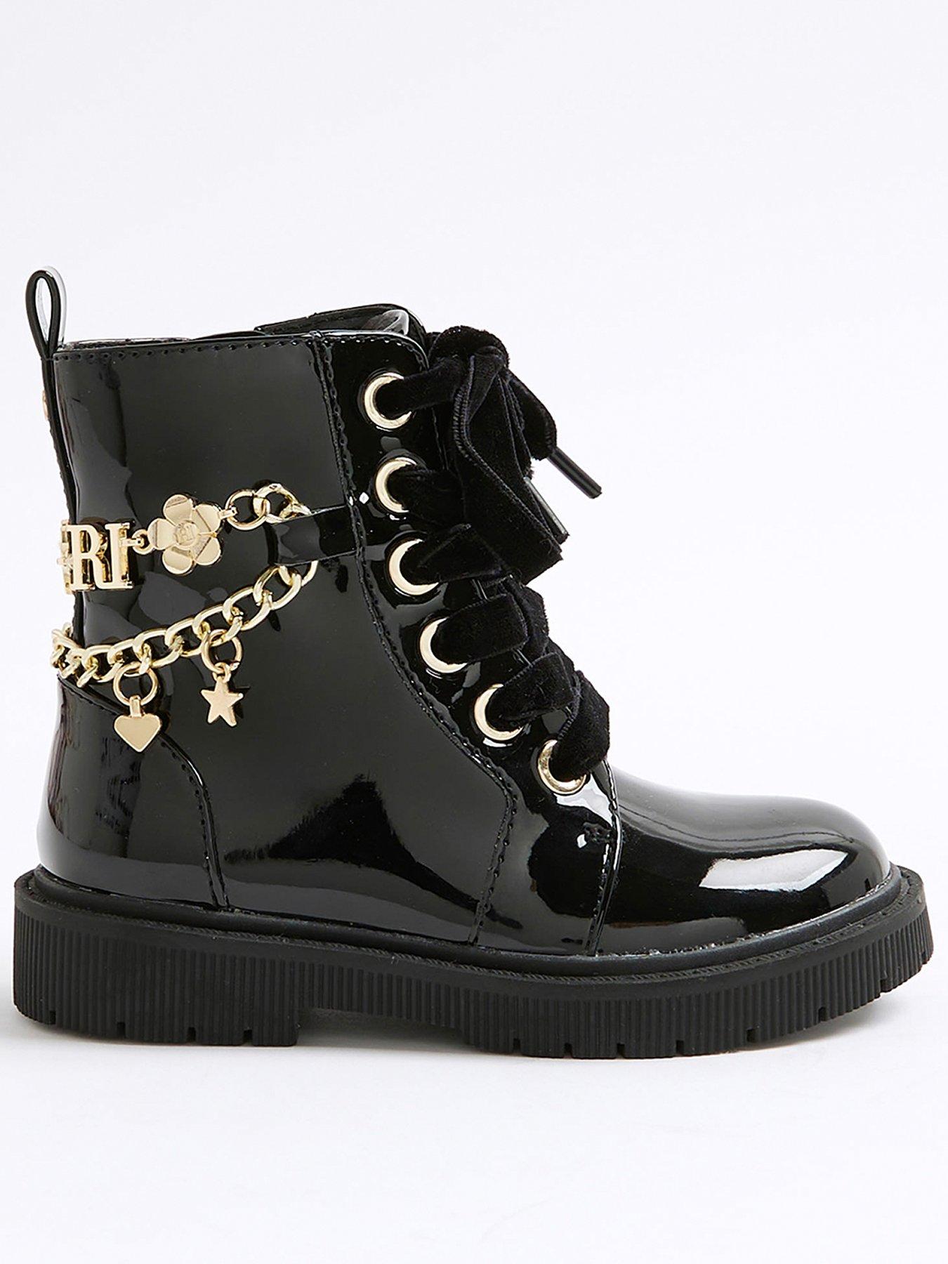 Image 1 of 5 of River Island Mini Girls Charm Chain Lace Up Boot - Black
