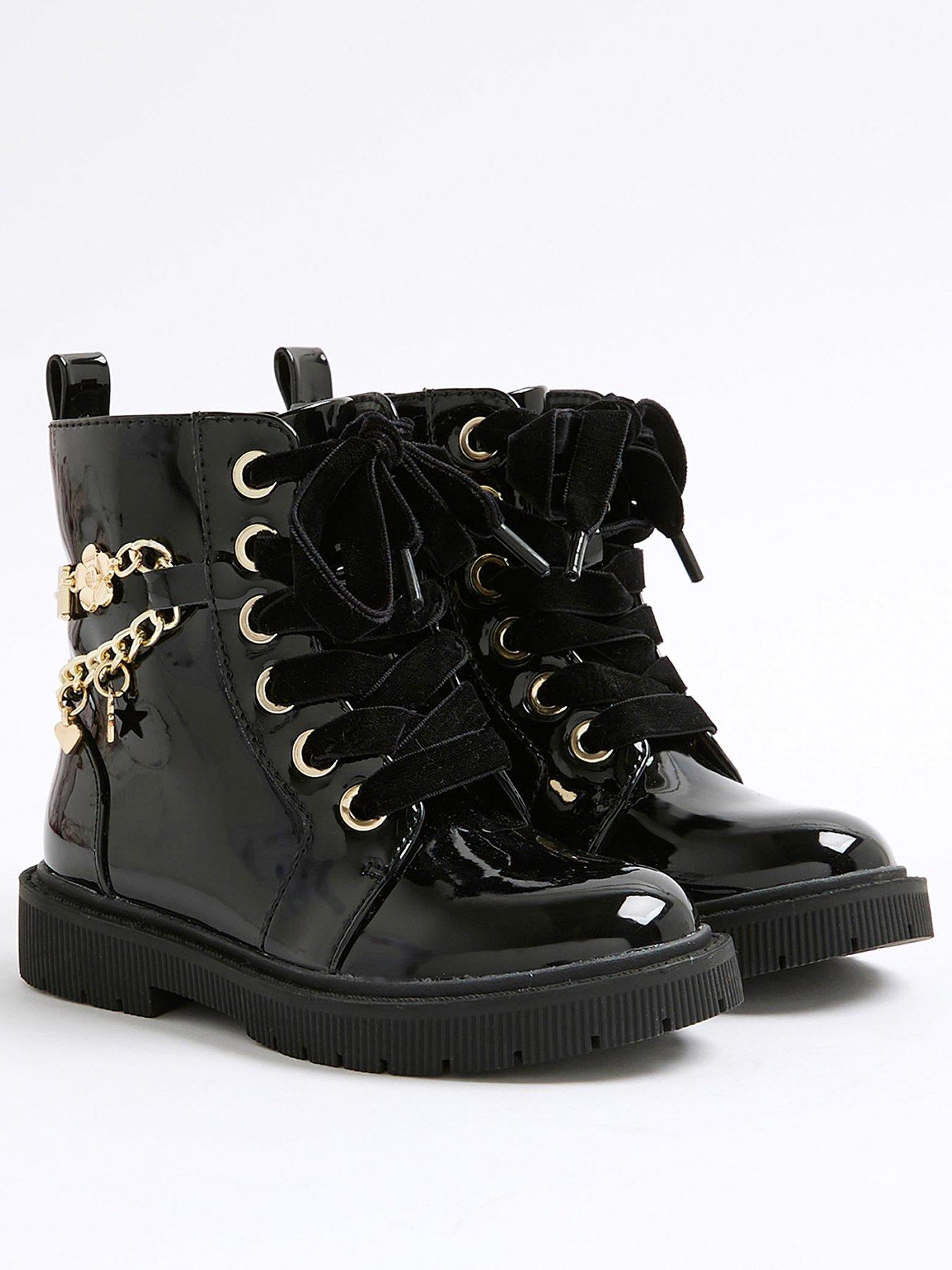 Image 2 of 5 of River Island Mini Girls Charm Chain Lace Up Boot - Black