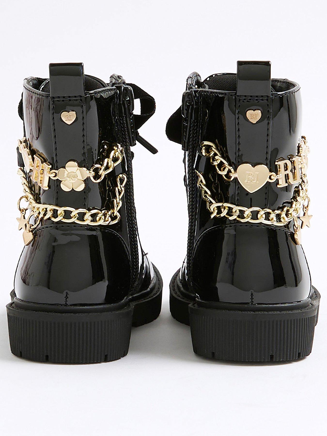 Image 3 of 5 of River Island Mini Girls Charm Chain Lace Up Boot - Black