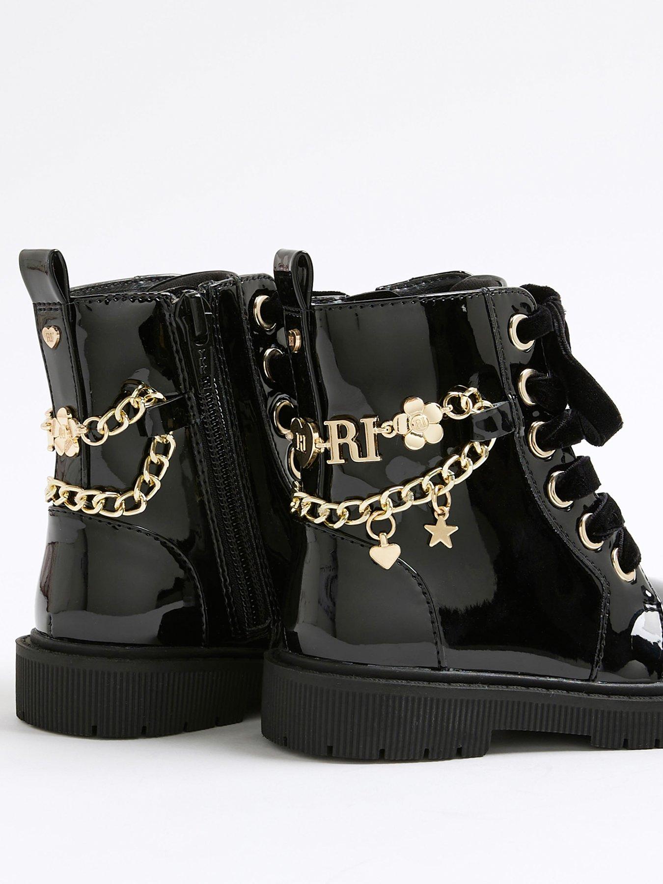 Image 4 of 5 of River Island Mini Girls Charm Chain Lace Up Boot - Black