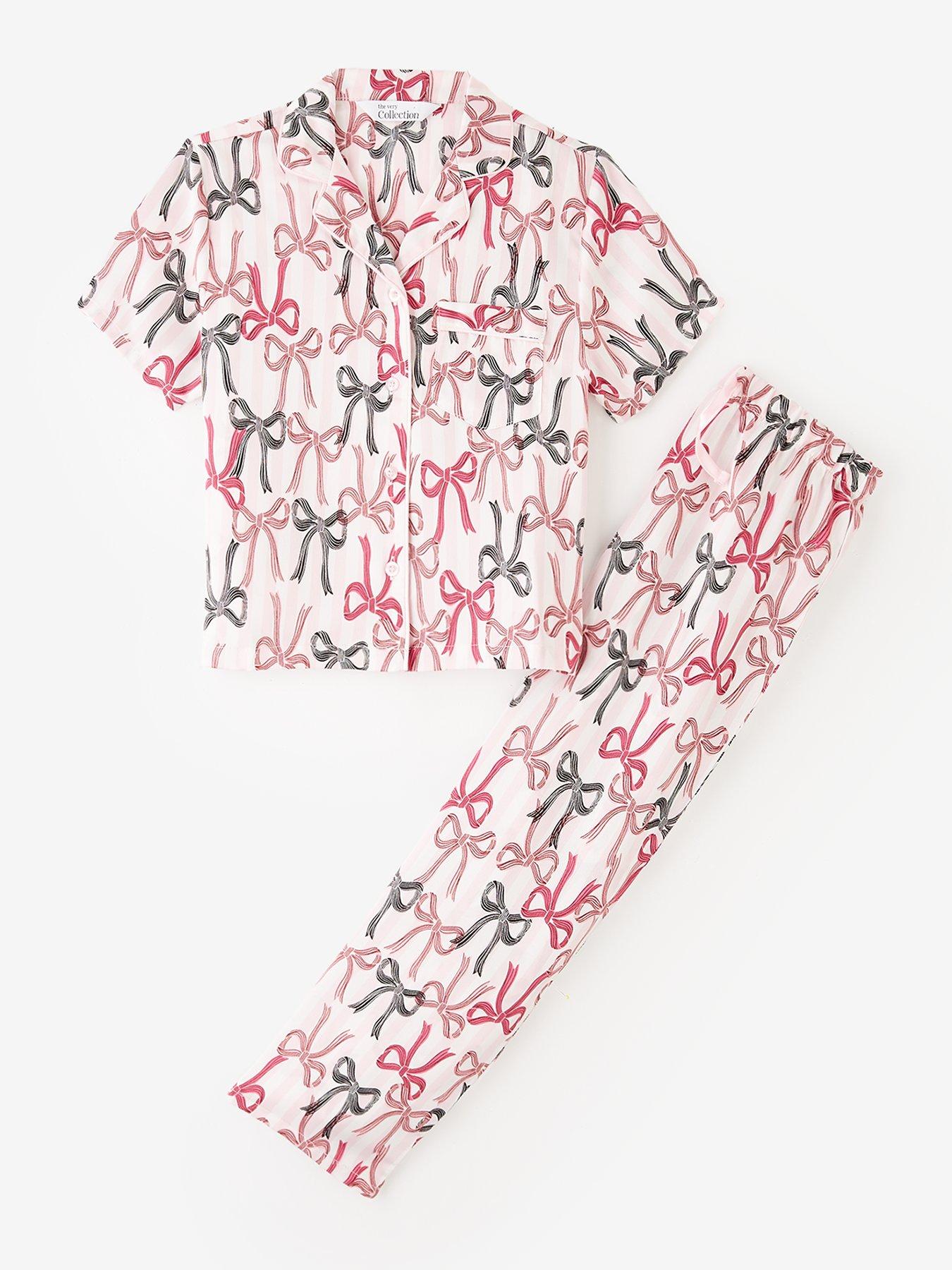 Image 1 of 4 of The Very Collection Girls Bow/Stripe Print Satin Pyjama - Pink