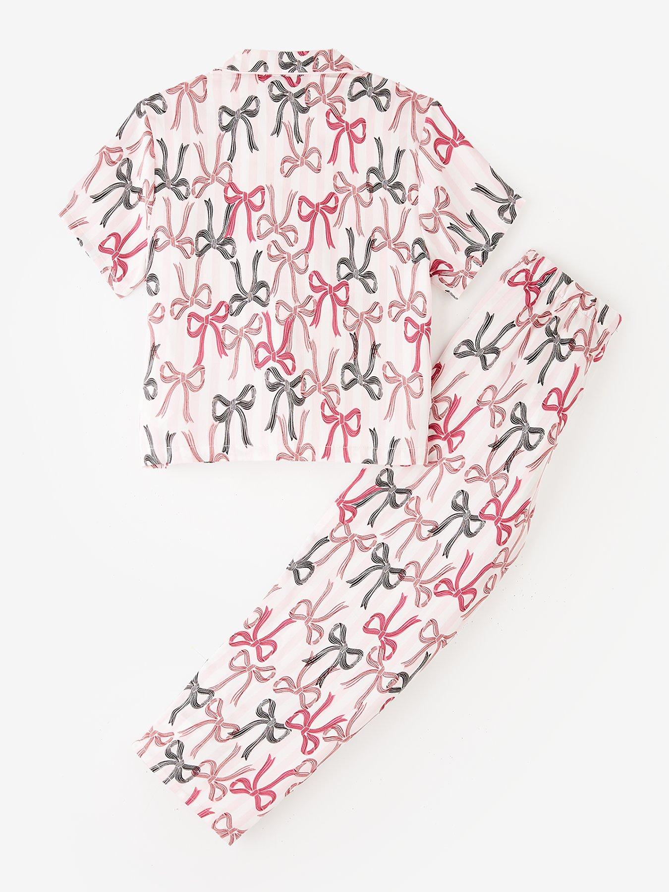 Image 2 of 4 of The Very Collection Girls Bow/Stripe Print Satin Pyjama - Pink
