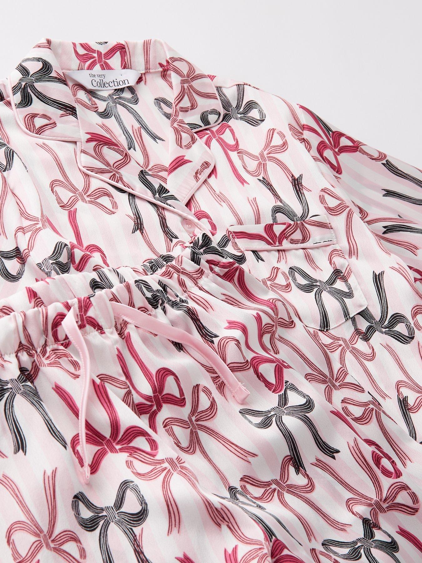 Image 3 of 4 of The Very Collection Girls Bow/Stripe Print Satin Pyjama - Pink