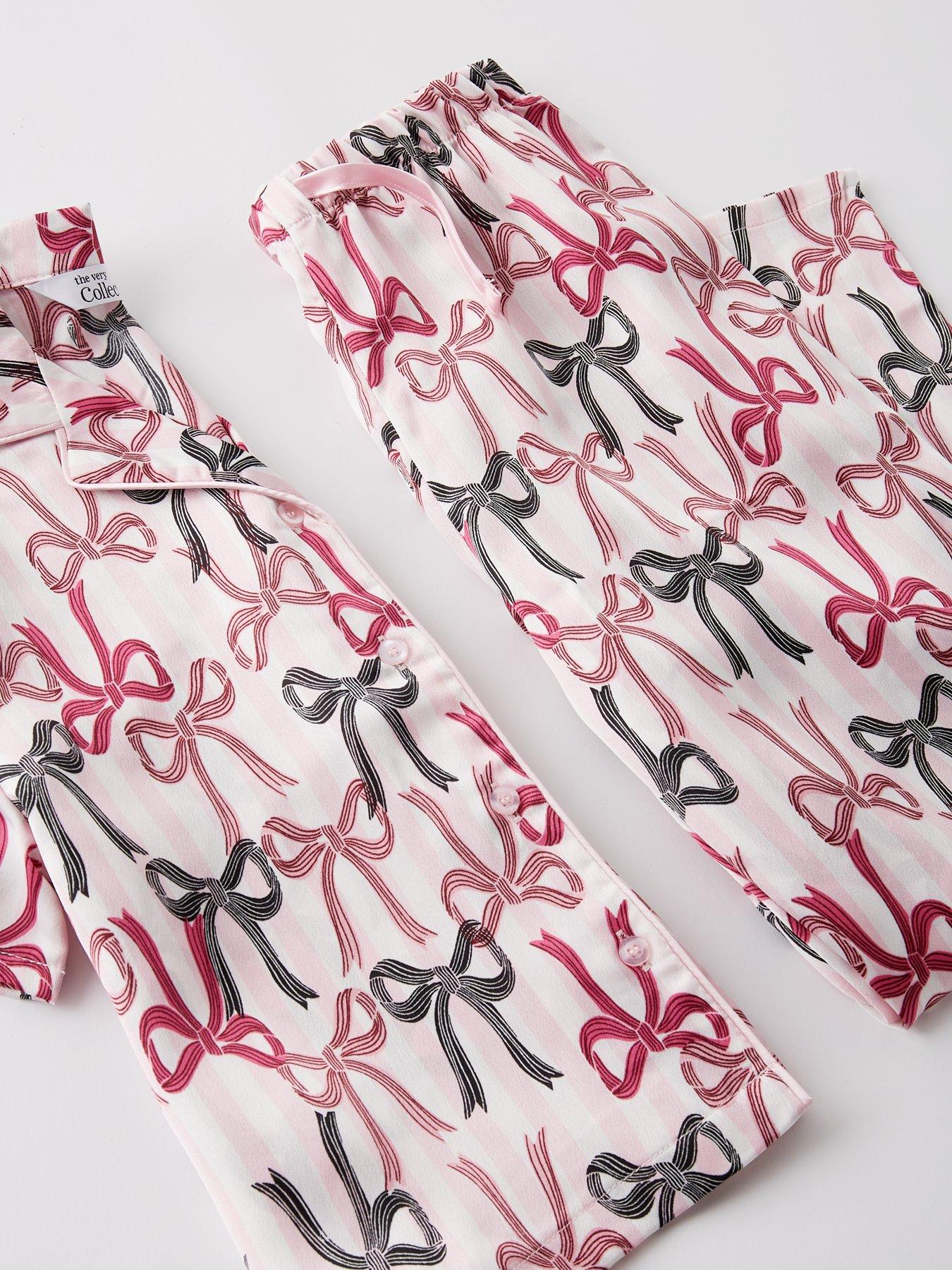 Image 4 of 4 of The Very Collection Girls Bow/Stripe Print Satin Pyjama - Pink