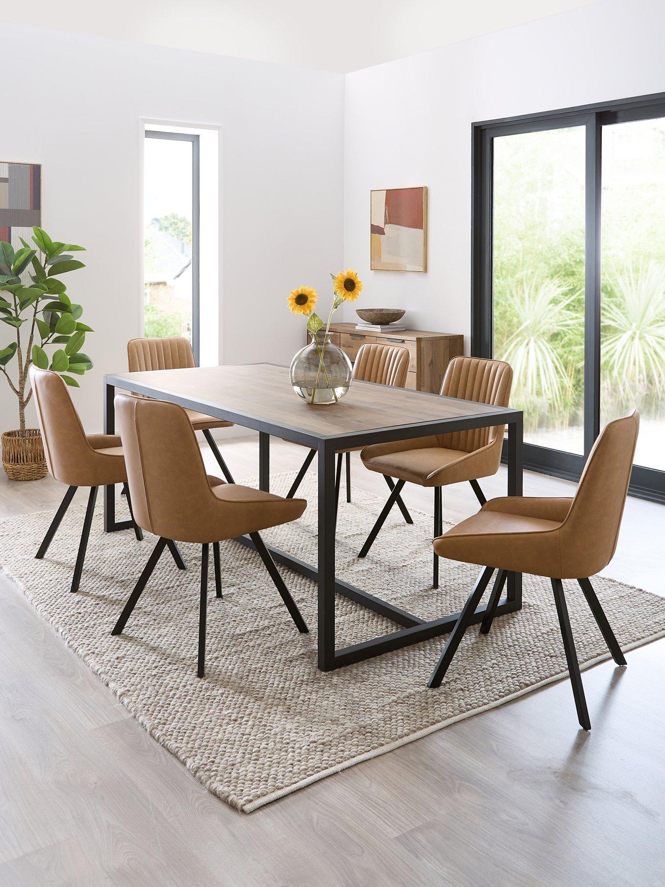 undefined Harlem Mid Oak Dining Table And 6 Marlow Tan Faux Leather Chairs
