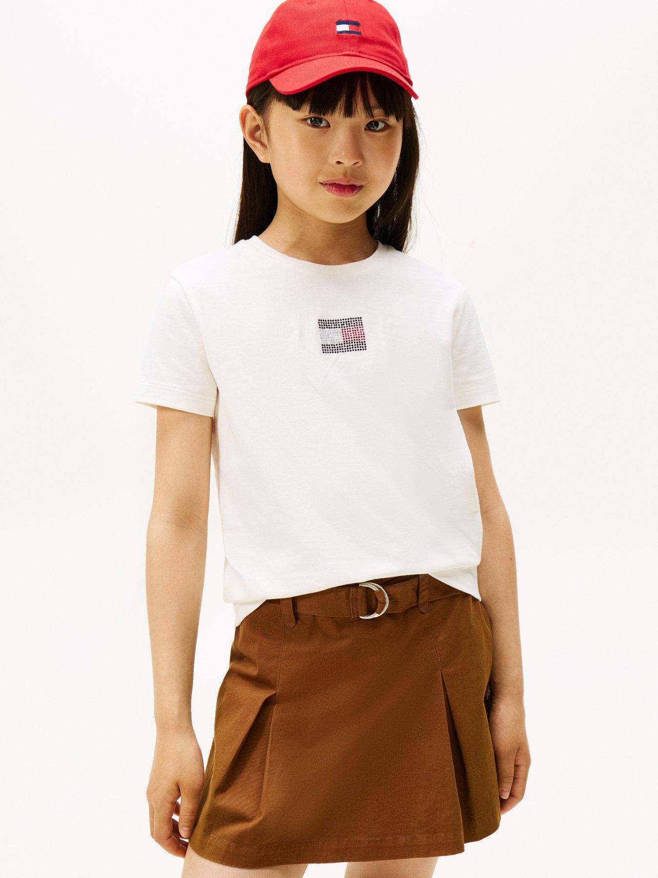 Tommy Hilfiger Girls Rhine Stone Flag Short Sleeve T-Shirt - Ivory Silk - Off White