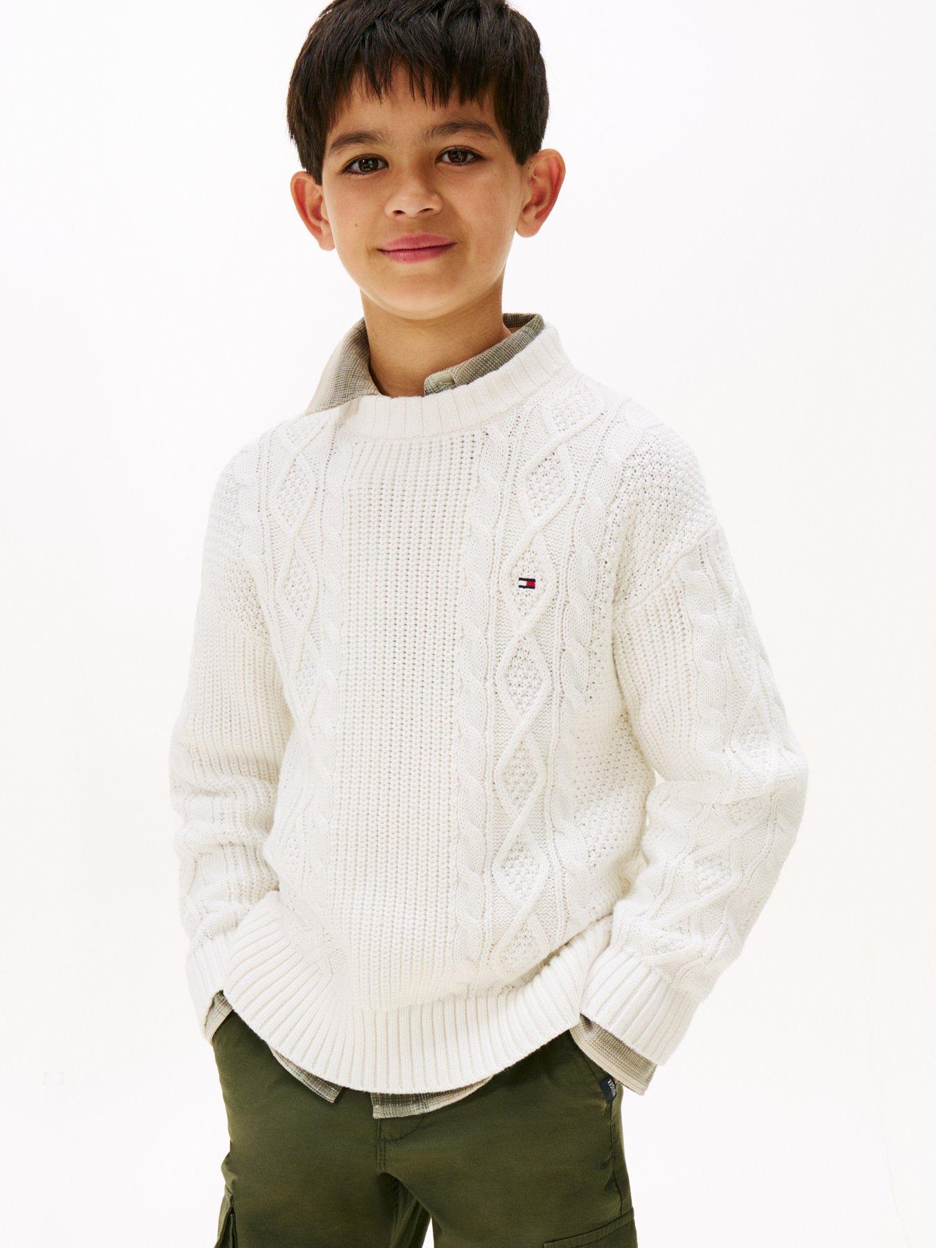 Tommy Hilfiger Boys Cotton Cable Mix Graphic Sweater - Off White