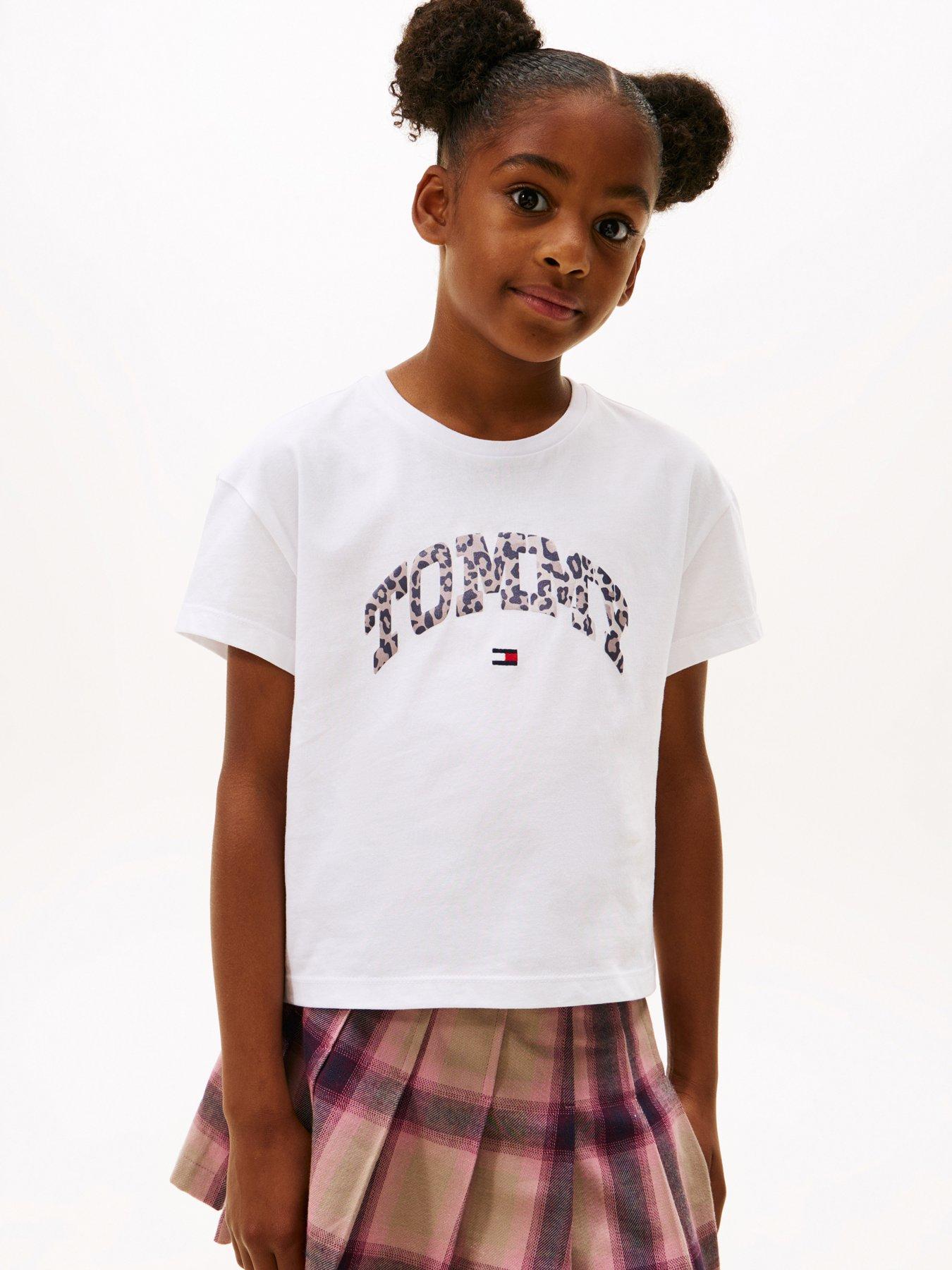Tommy Hilfiger Girls Varsity Animal Print Logo Short Sleeve T-Shirt - White