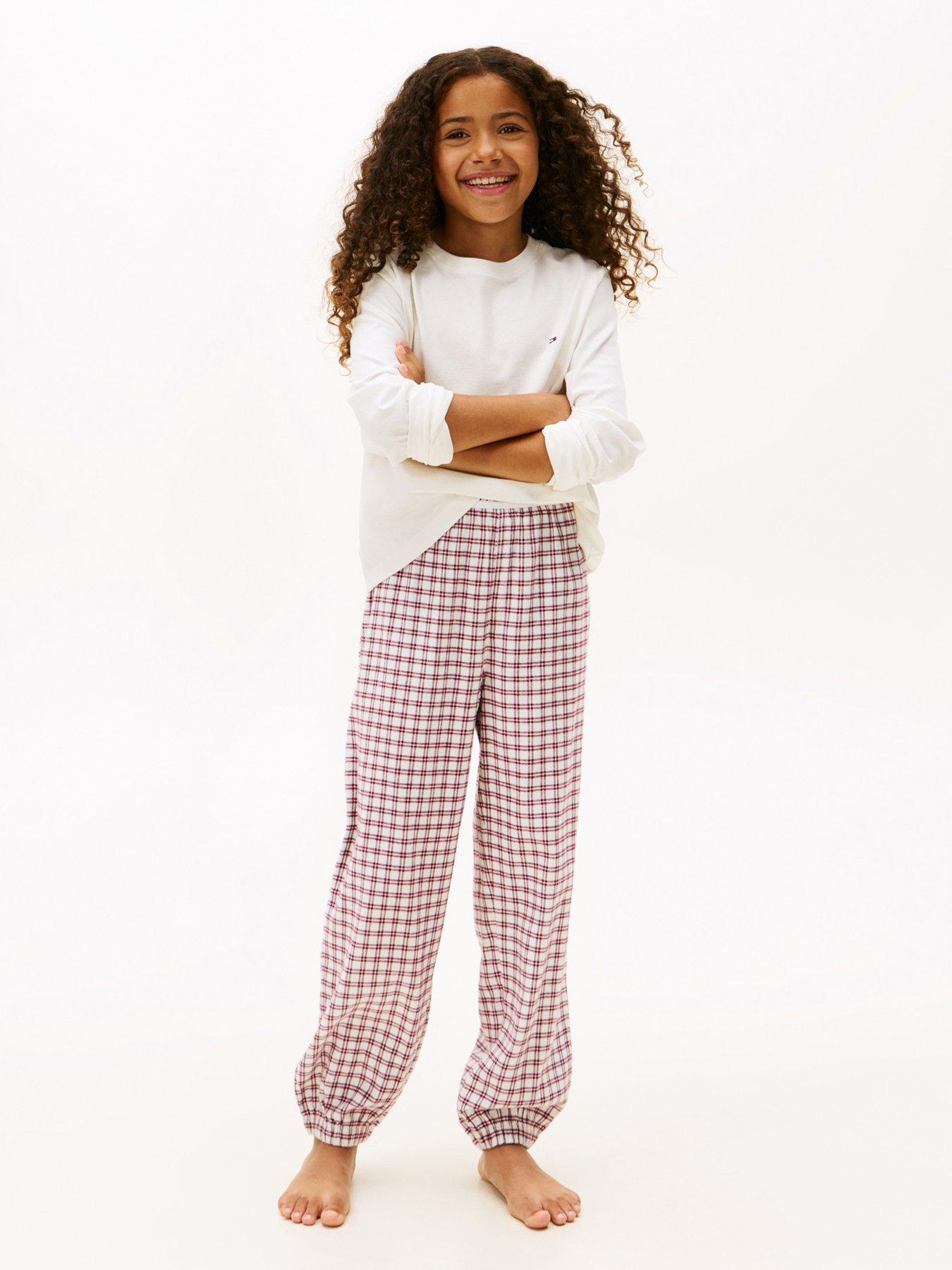 Tommy Hilfiger Girls Long Sleeve Cuffed Pyjama Set - Ivory Silk/mini Plaid Ivory Silk