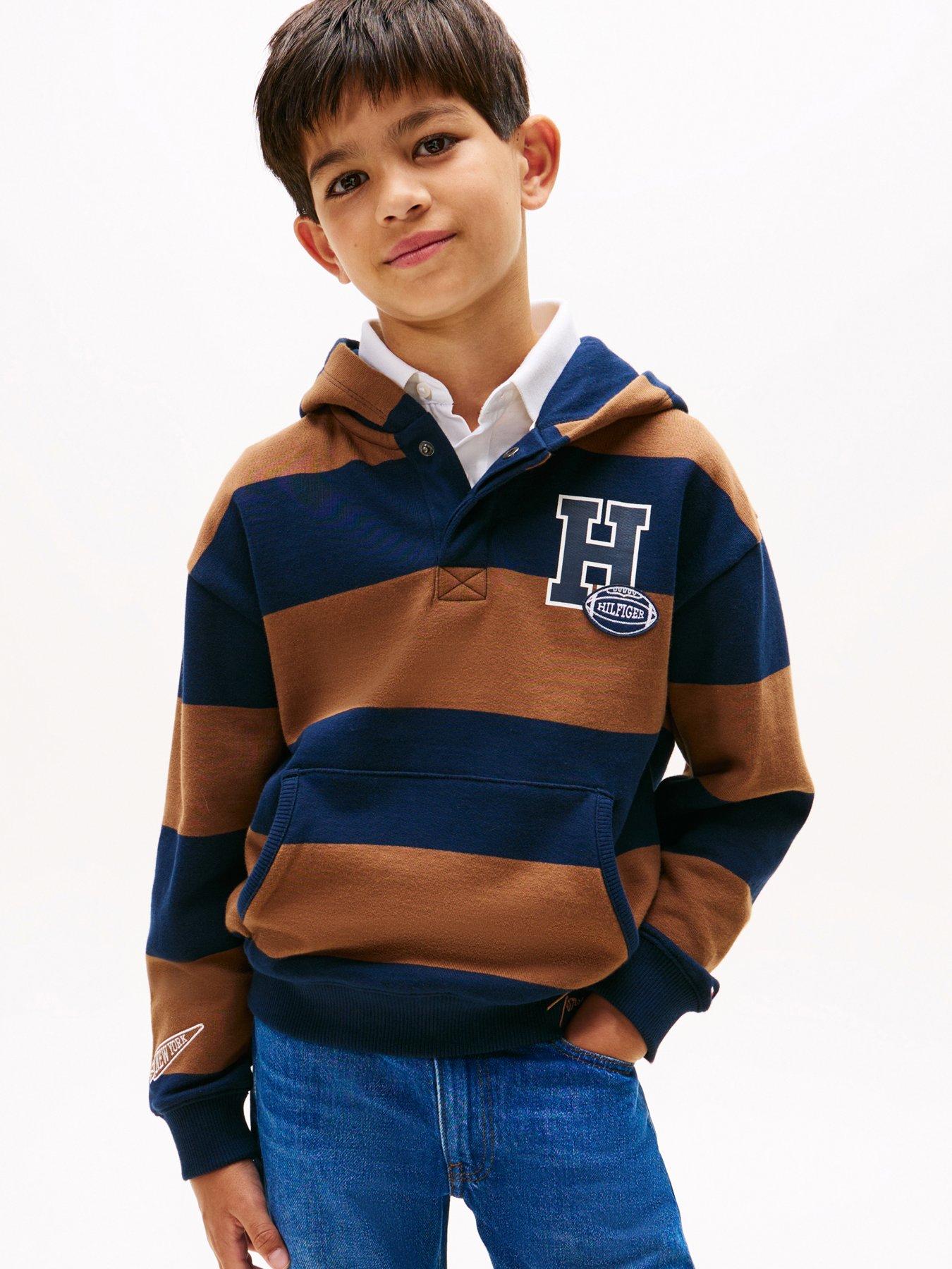 Tommy Hilfiger Boys Varsity Stripe Button Hoodie Pecan Nut