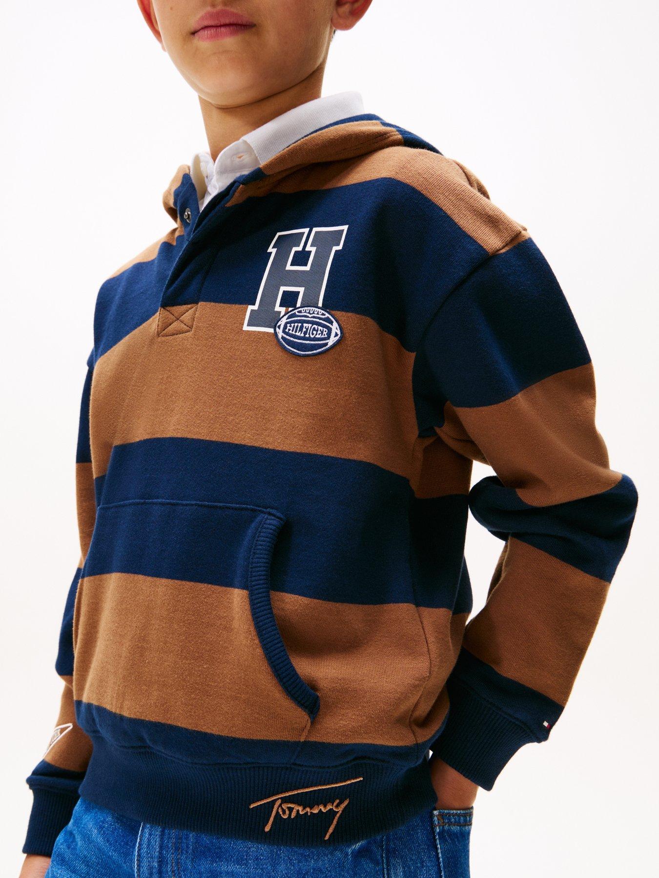 Tommy Hilfiger Boys Varsity Stripe Button Hoodie Pecan Nut