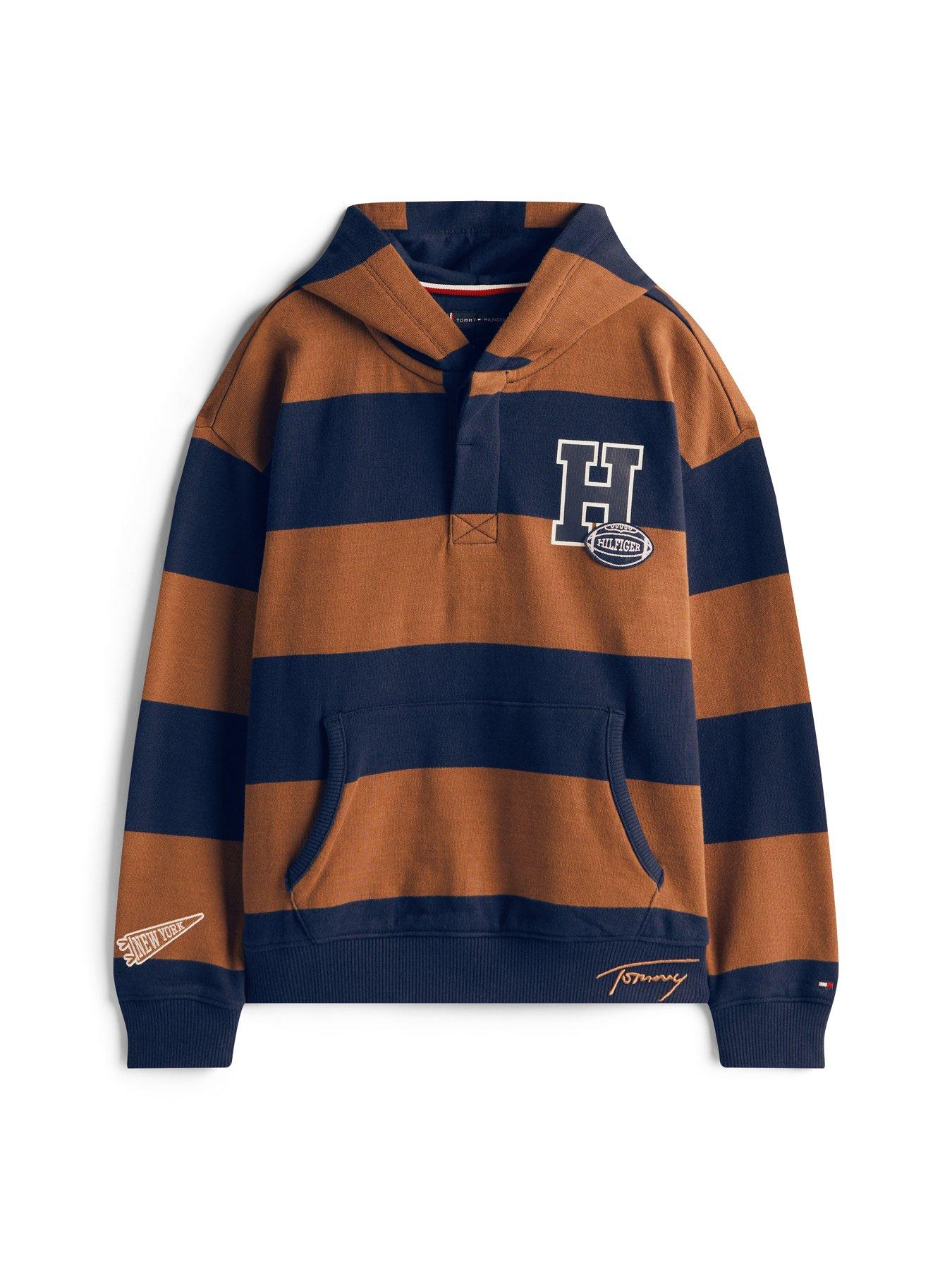 Tommy Hilfiger Boys Varsity Stripe Button Hoodie Pecan Nut