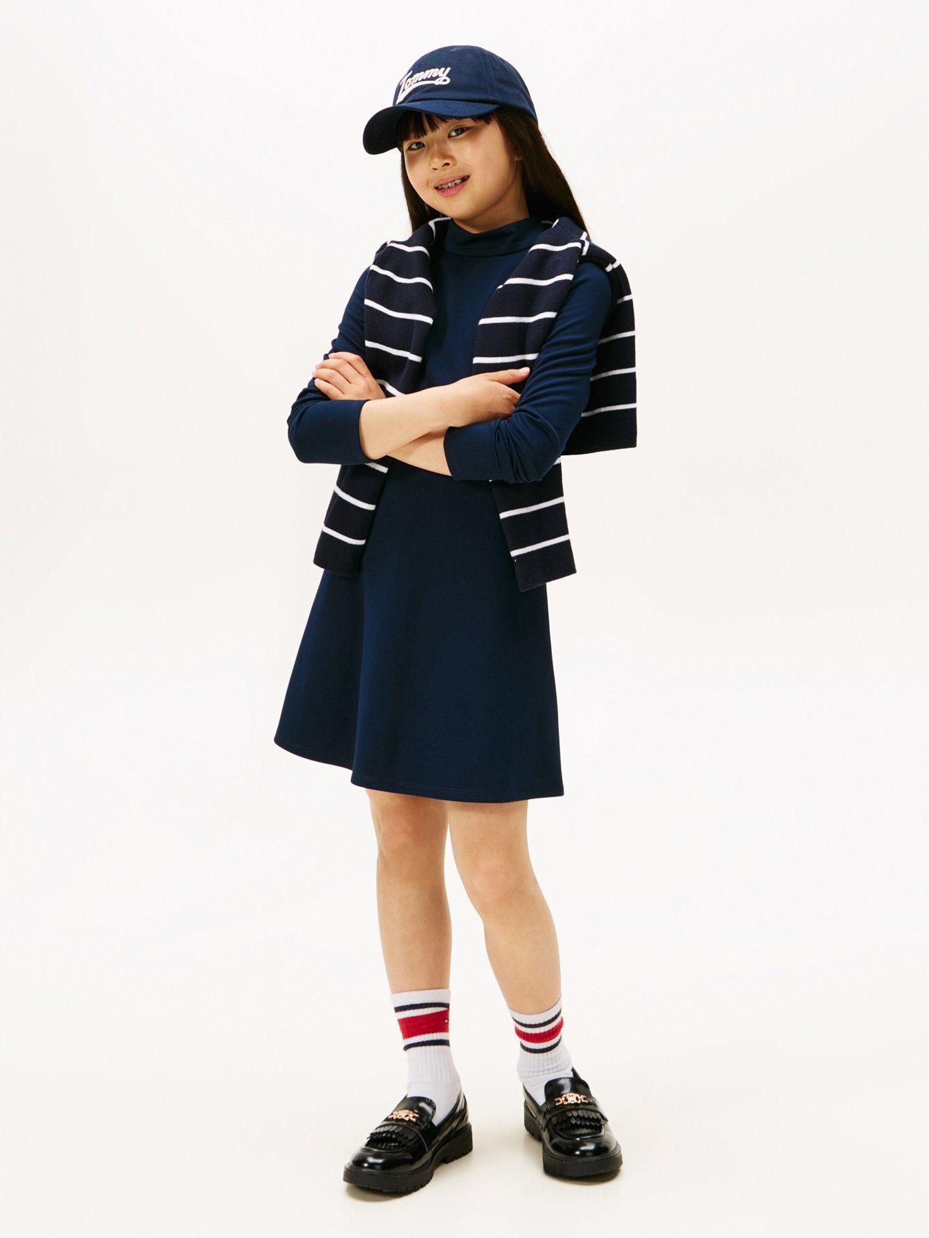 Tommy Hilfiger Girls Essential Skater Long Sleeve Dress, Navy, Size 14 Years
