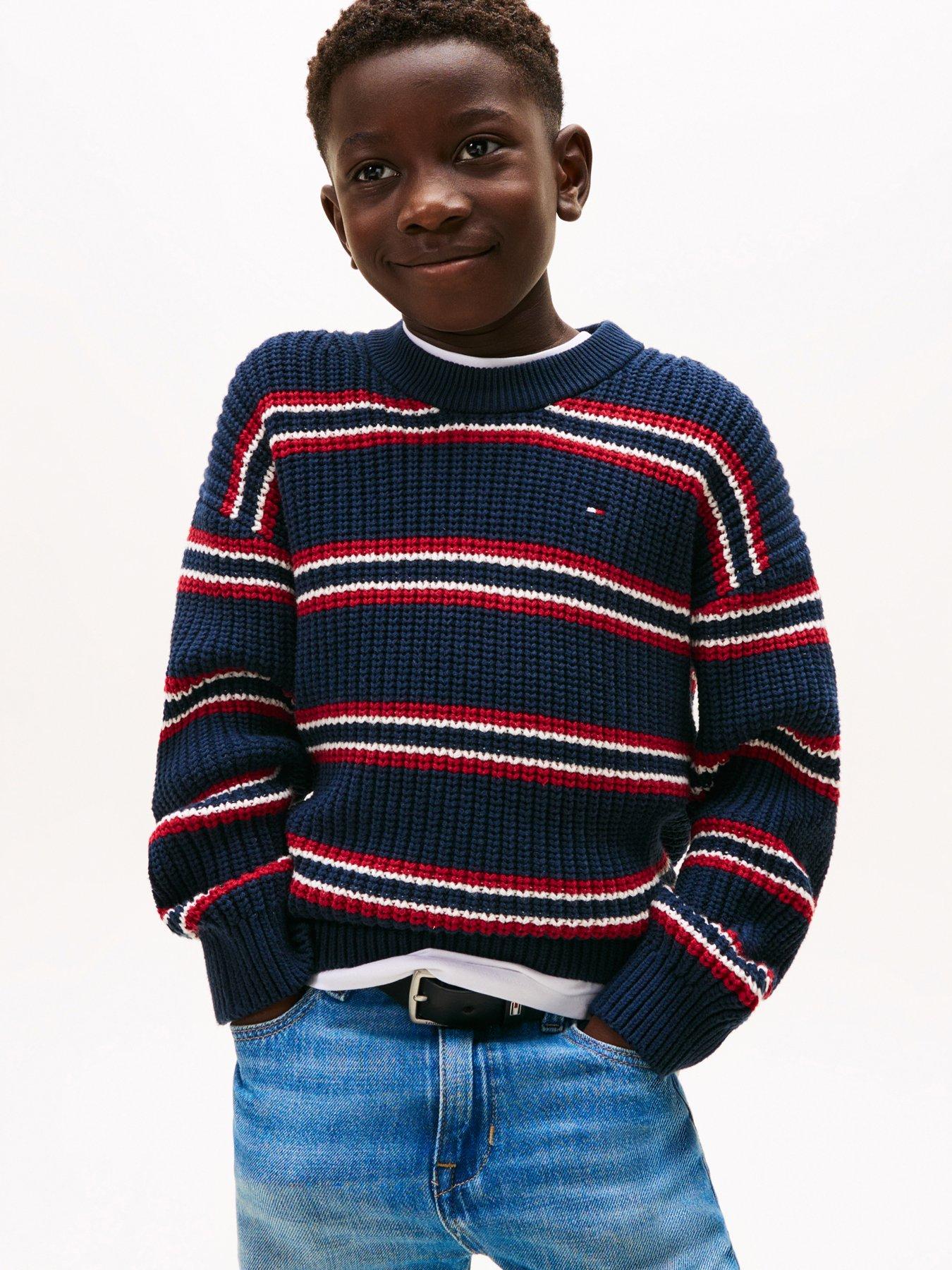 Tommy Hilfiger Boys Half Cardigan Crew Neck Sweater - Navy stripe
