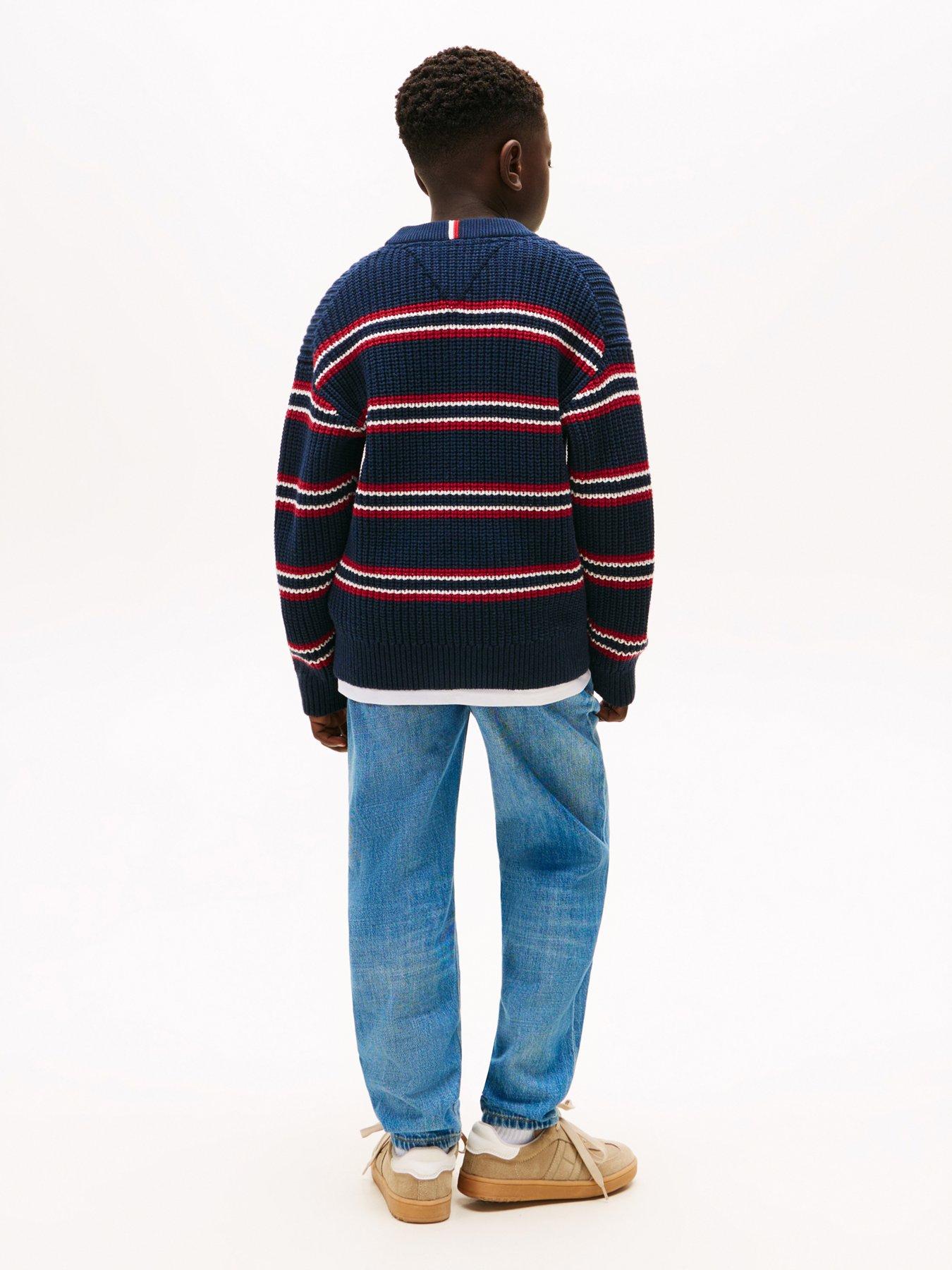 Image 2 of 5 of Tommy Hilfiger Boys Half Cardigan Crew Neck Sweater - Navy stripe