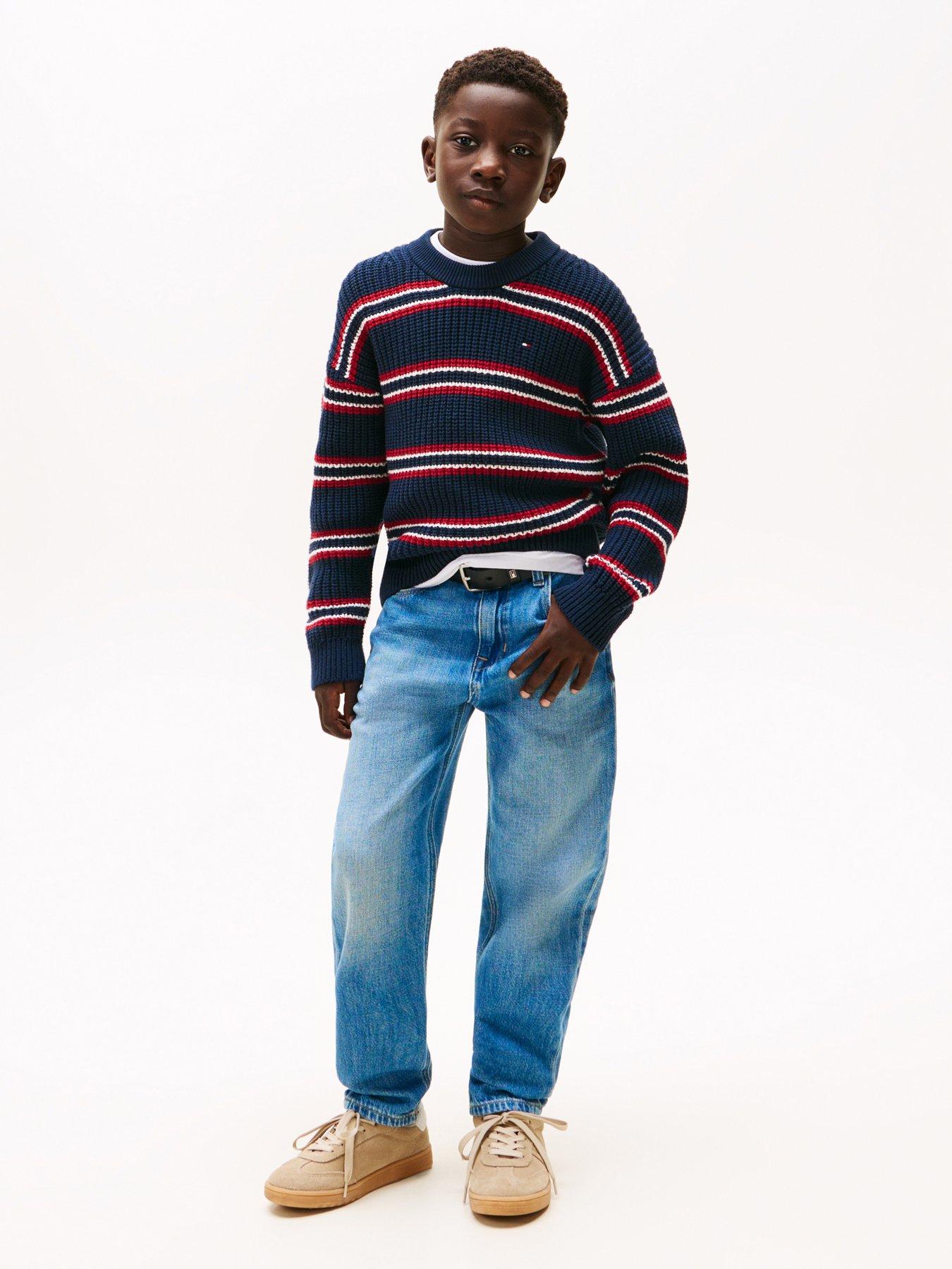 Image 3 of 5 of Tommy Hilfiger Boys Half Cardigan Crew Neck Sweater - Navy stripe