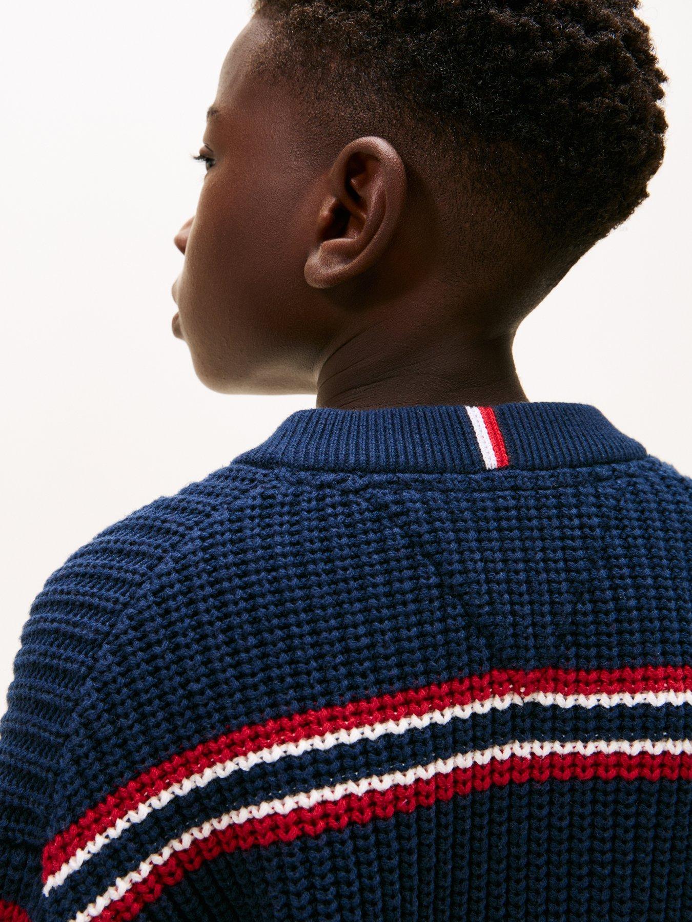 Image 4 of 5 of Tommy Hilfiger Boys Half Cardigan Crew Neck Sweater - Navy stripe