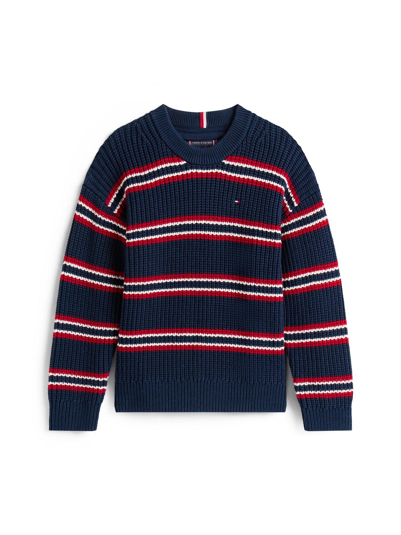 Image 5 of 5 of Tommy Hilfiger Boys Half Cardigan Crew Neck Sweater - Navy stripe