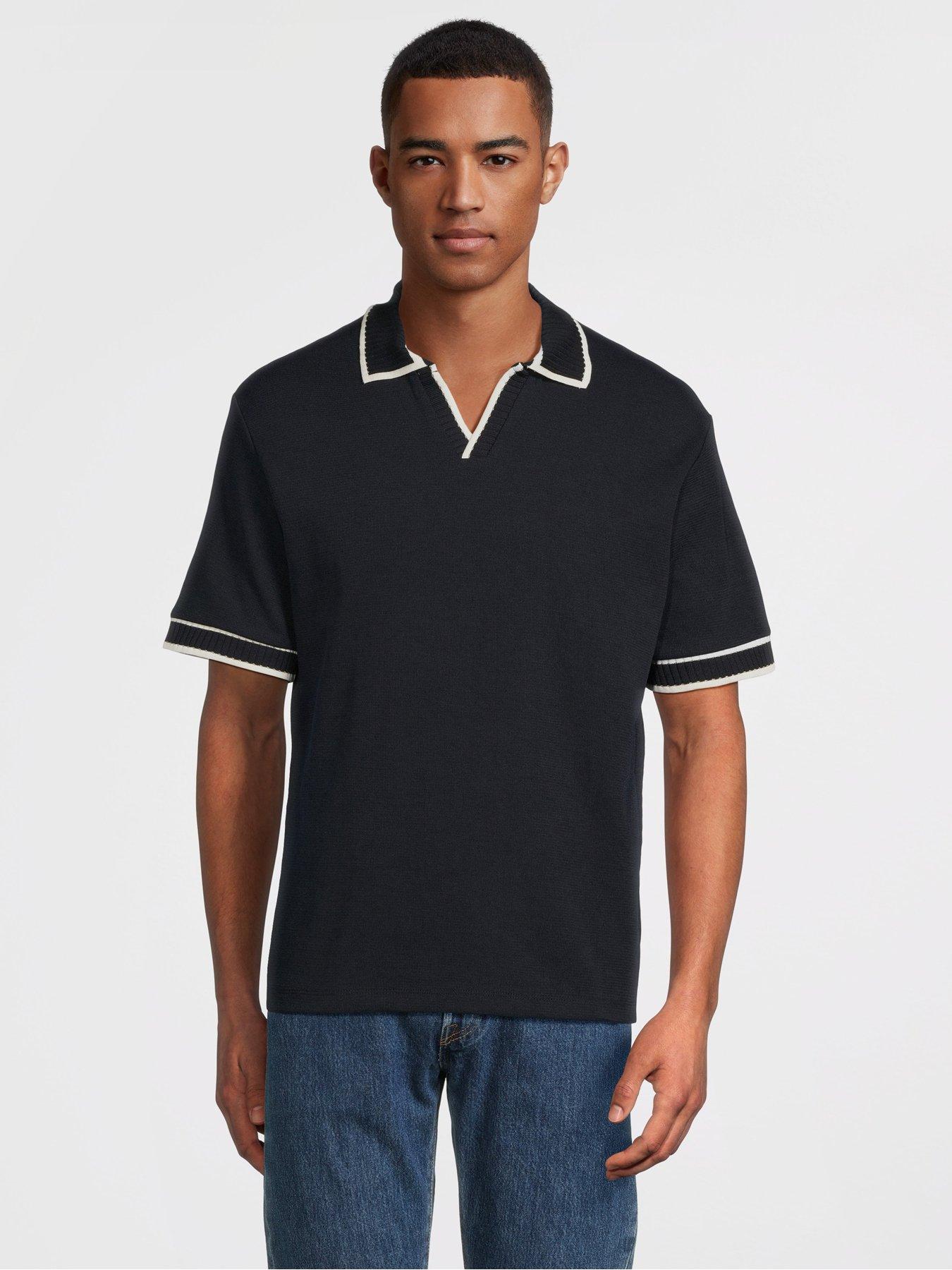 undefined Summer Split Neck Open Collar Polo Shirt - Navy
