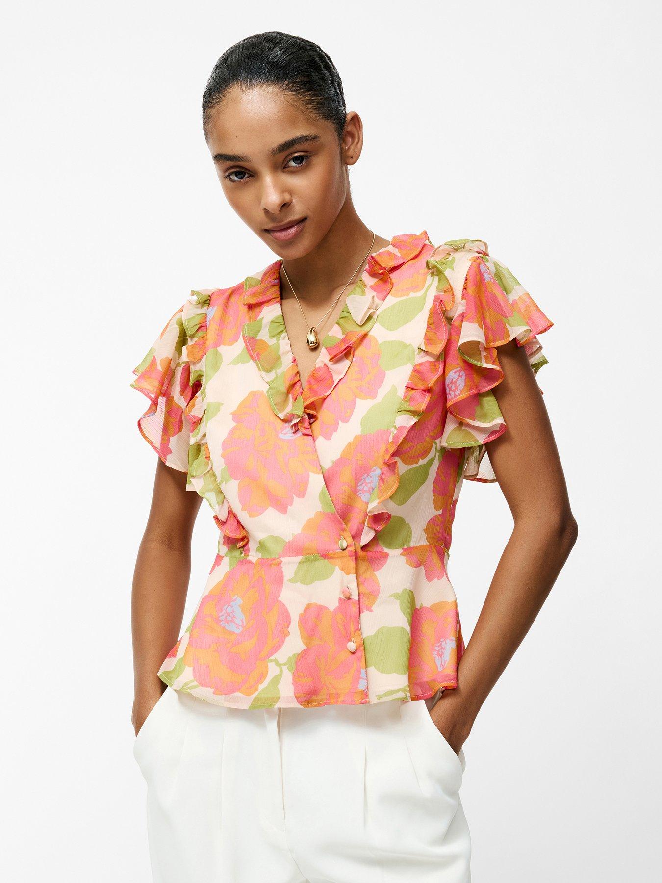 Image 1 of 6 of French Connection Floral Print Ruffle Wrap Over Crinkle Blouse - Orange