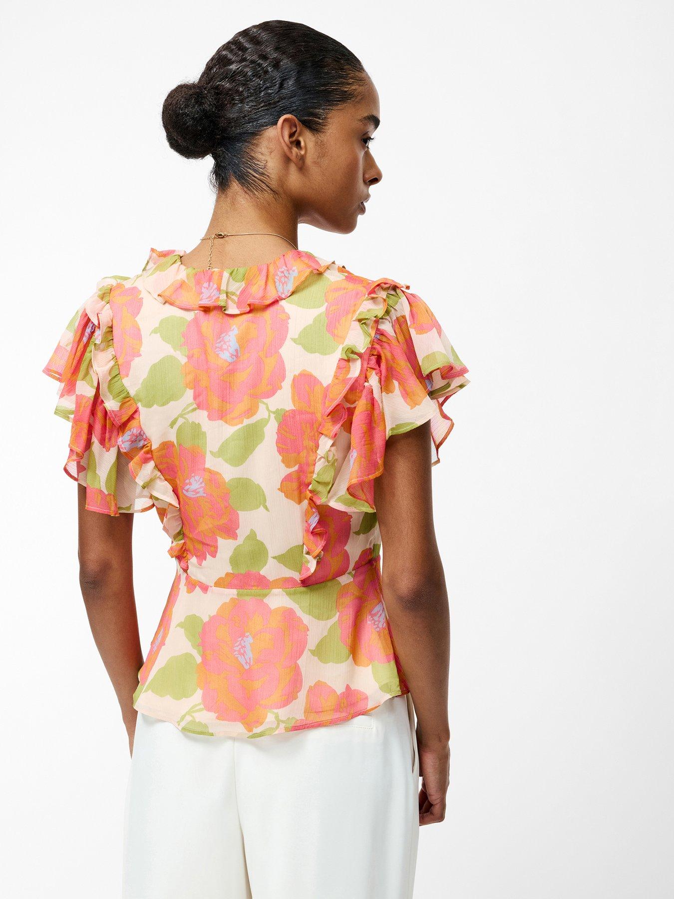 Image 2 of 6 of French Connection Floral Print Ruffle Wrap Over Crinkle Blouse - Orange