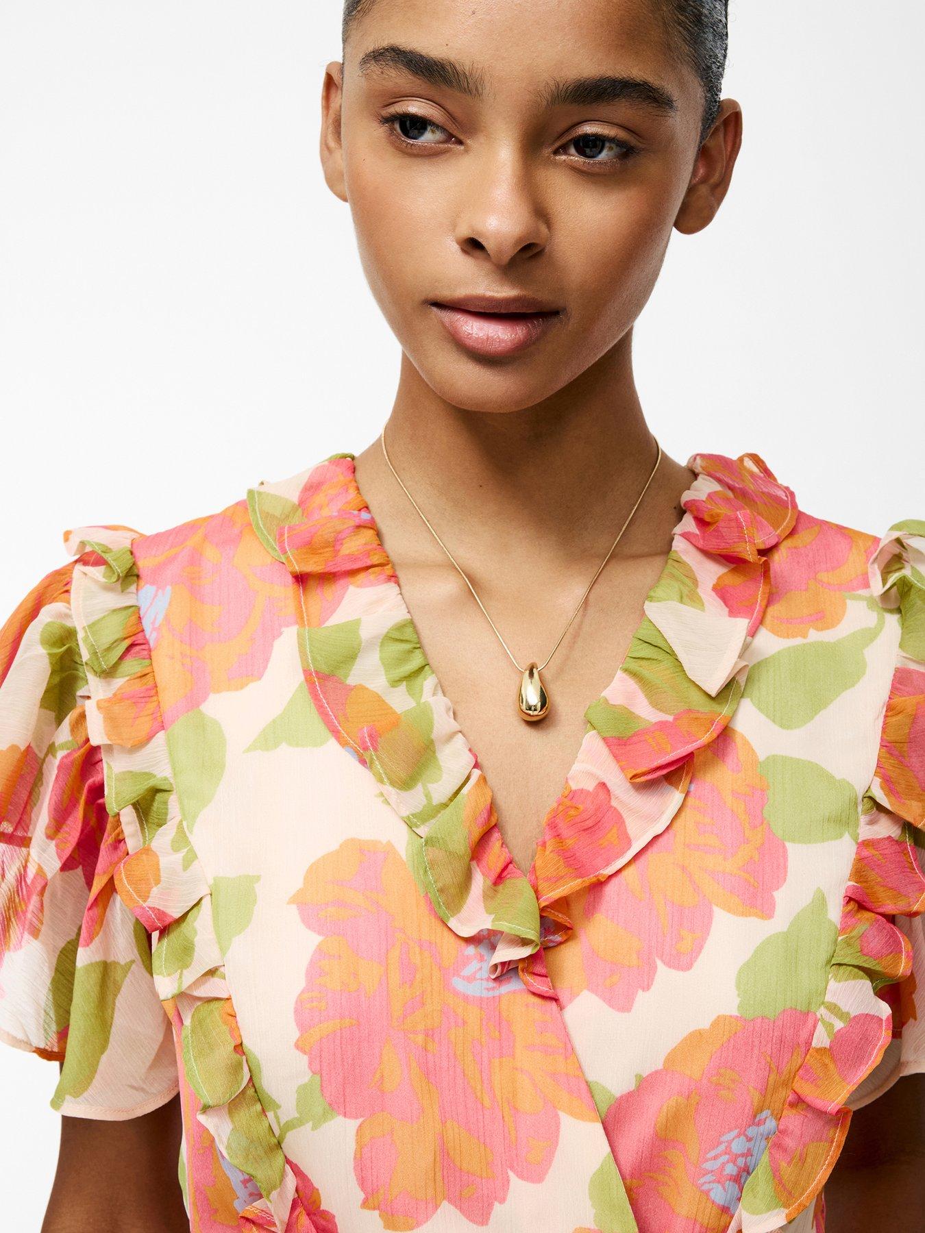 Image 3 of 6 of French Connection Floral Print Ruffle Wrap Over Crinkle Blouse - Orange