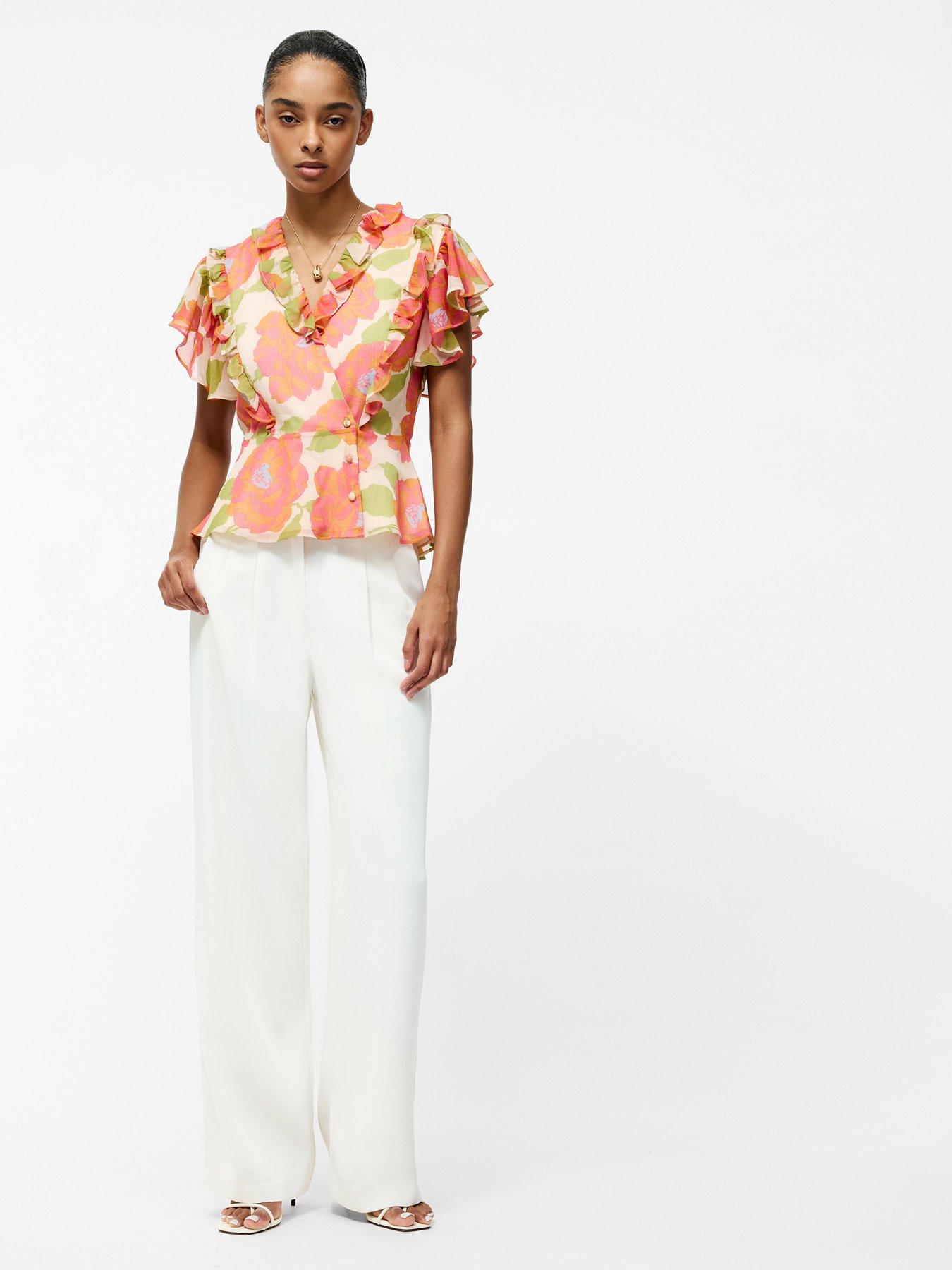 Image 5 of 6 of French Connection Floral Print Ruffle Wrap Over Crinkle Blouse - Orange