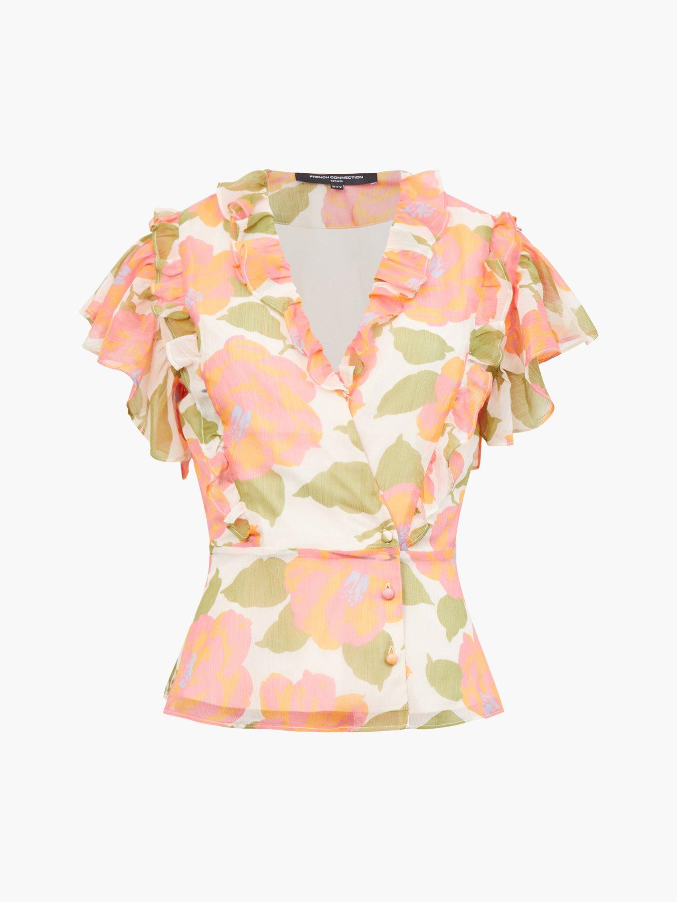Image 6 of 6 of French Connection Floral Print Ruffle Wrap Over Crinkle Blouse - Orange