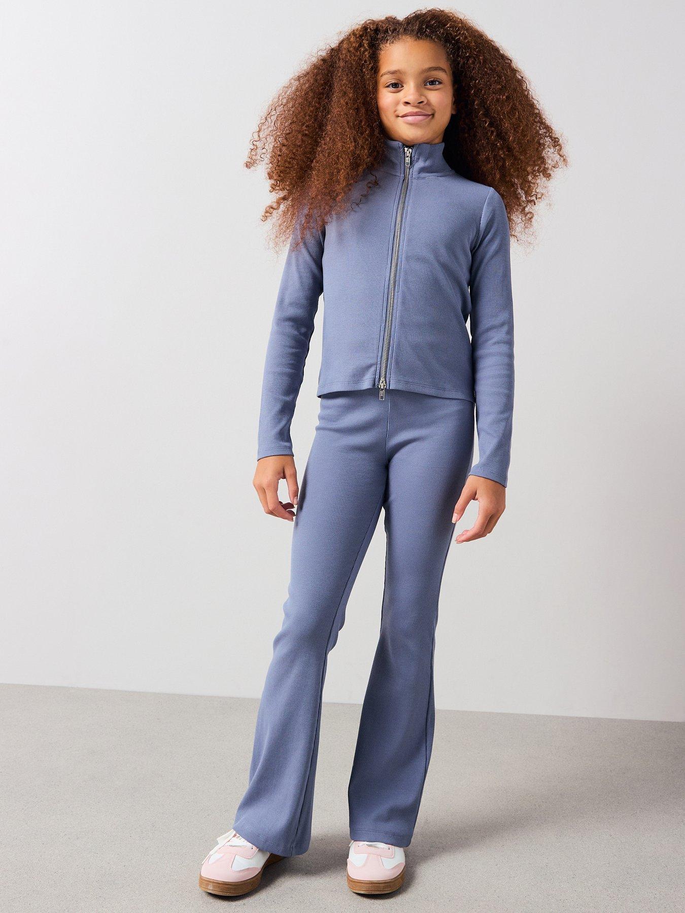 The Very Collection Girls Rib Zip Up Set With Flare Leggings - Blue