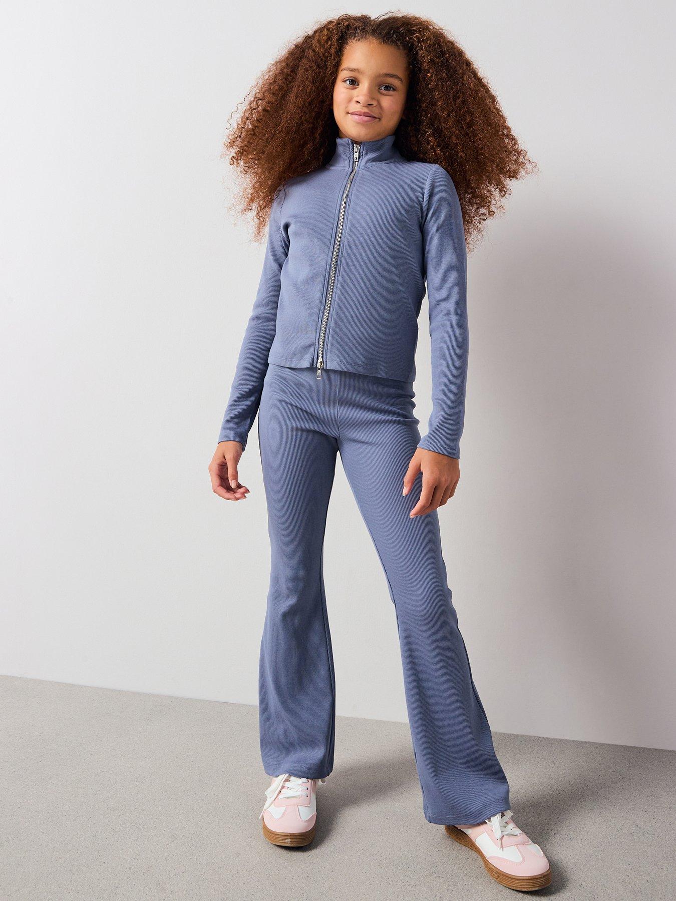 Image 5 of 5 of The Very Collection Girls Rib Zip Up Set With Flare Leggings - Blue