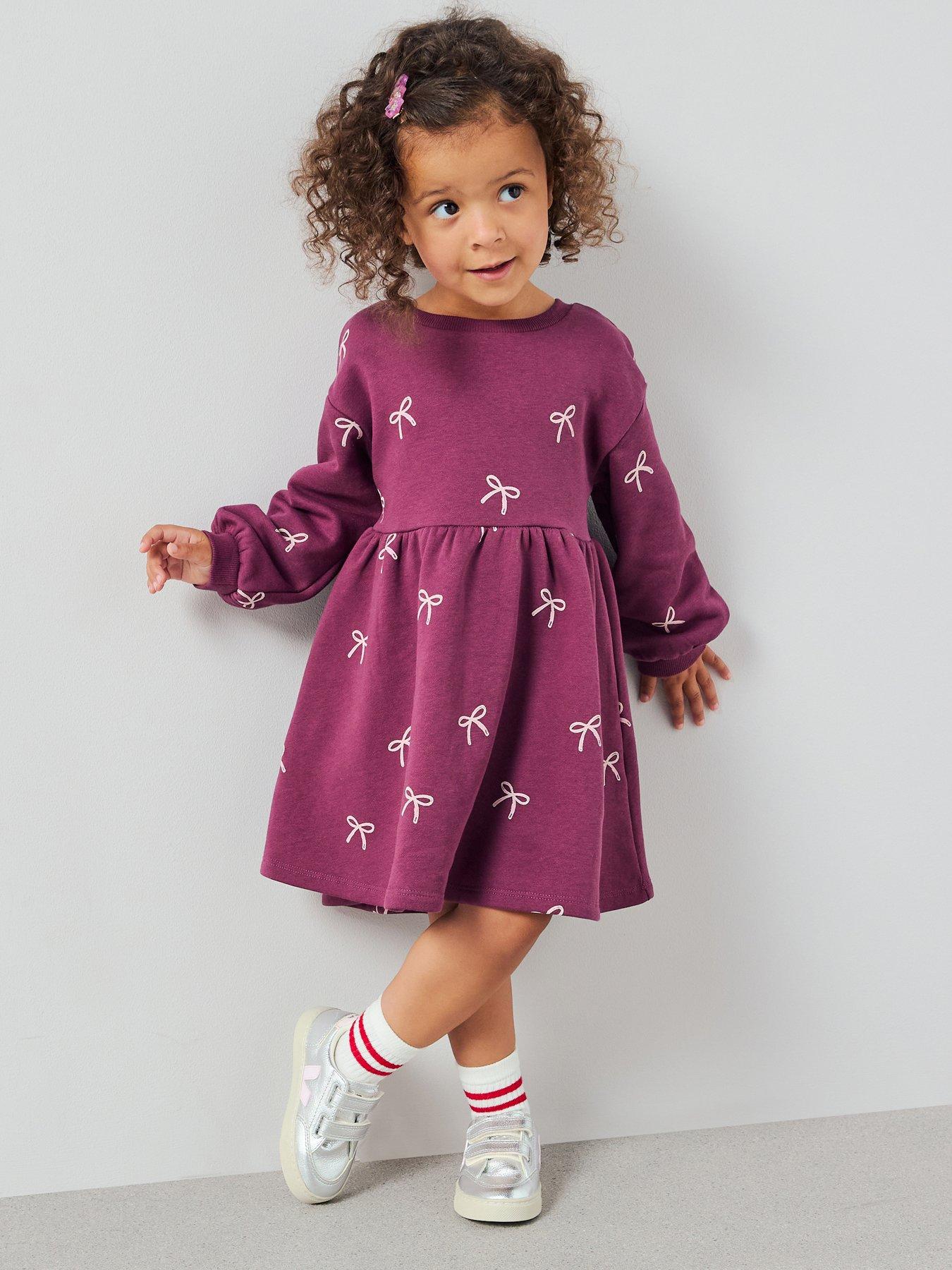 The Very Collection Girls Bow Print Sweater Dress - Burgundy