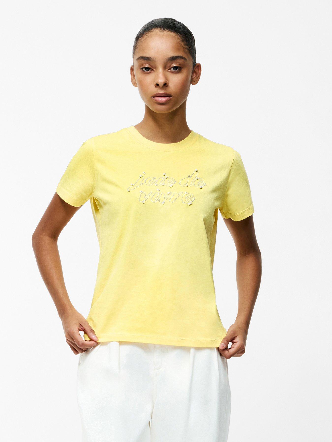 undefined Cotton Crew Neck Short Sleeve Pearl Embellished T-shirt