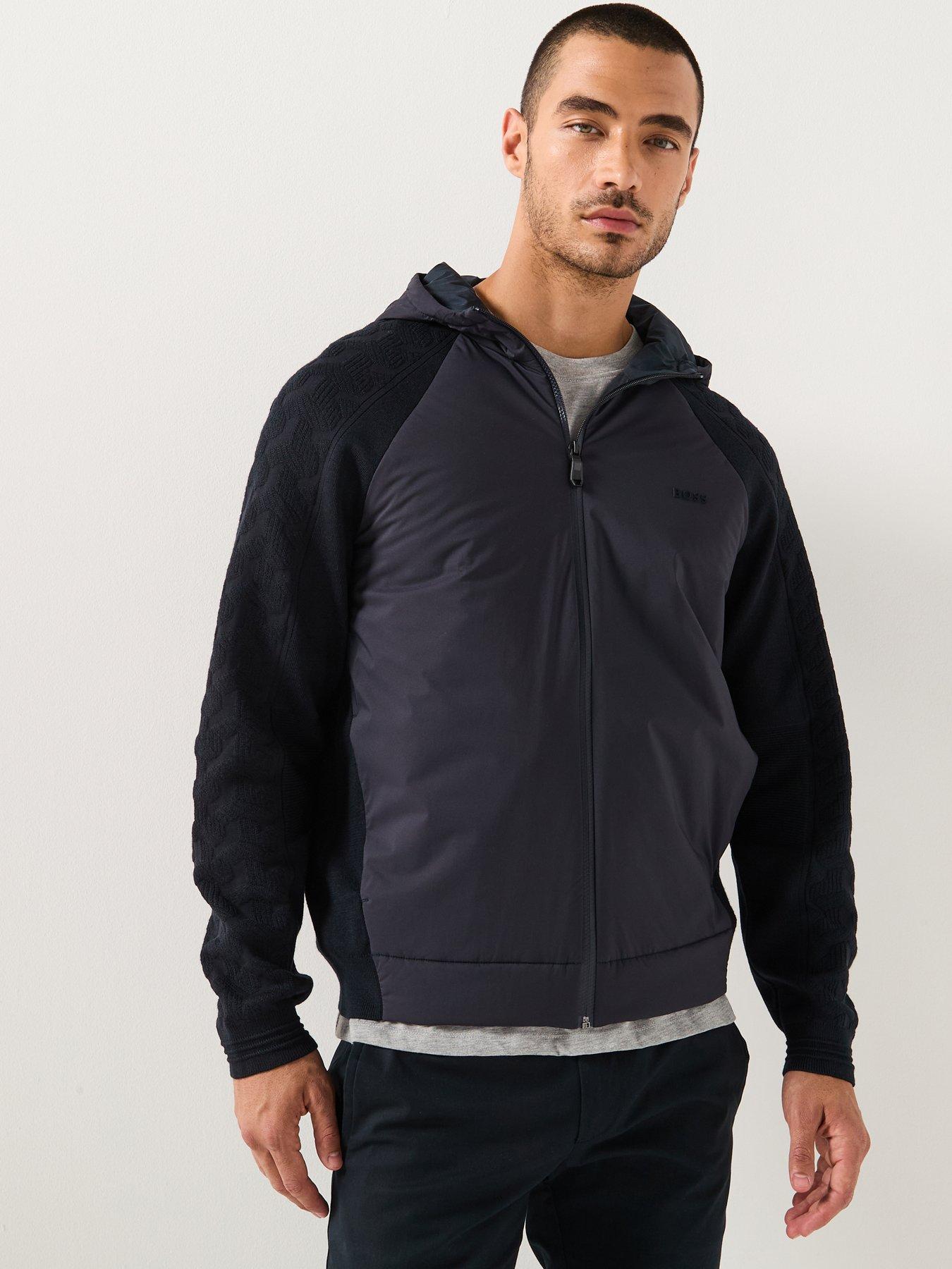 Image 1 of 5 of BOSS Mirror Hybrid Regular Fit Hooded Knitted Jacket&nbsp;- Navy