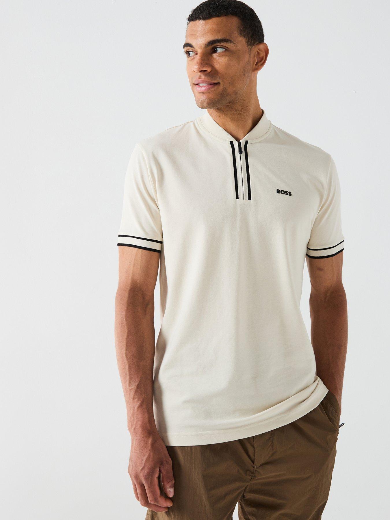 BOSS Pariq Regular Fit Baseball Collar Zip Polo Shirt - Light Beige