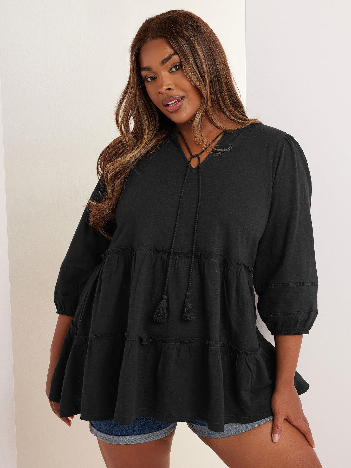 undefined Curve Slub Tiered Boho Top - Black
