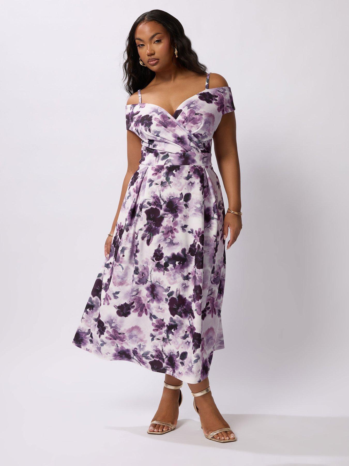 Image 3 of 5 of Yours Curve Floral Bardot Midaxi Dress - Purple