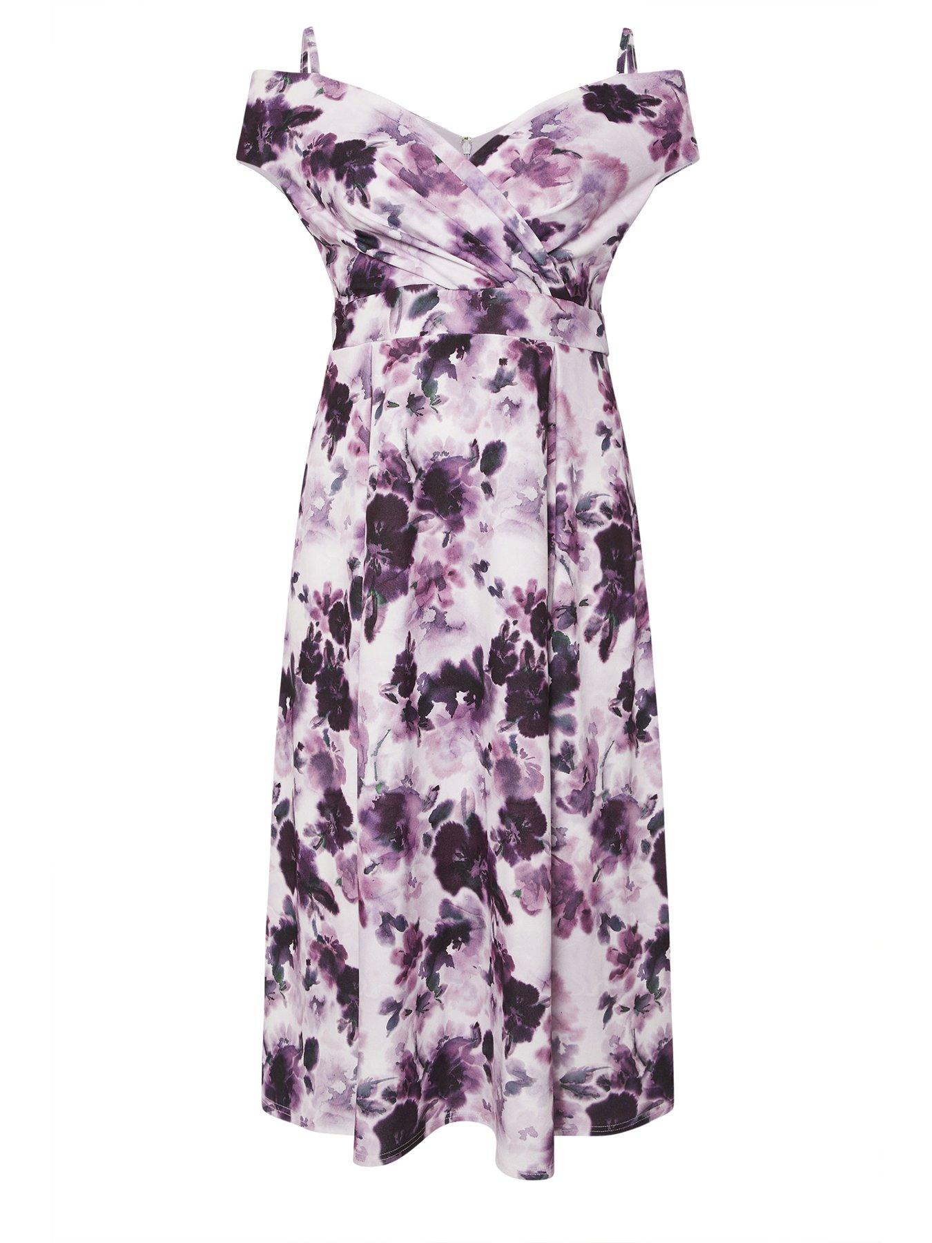 Image 5 of 5 of Yours Curve Floral Bardot Midaxi Dress - Purple